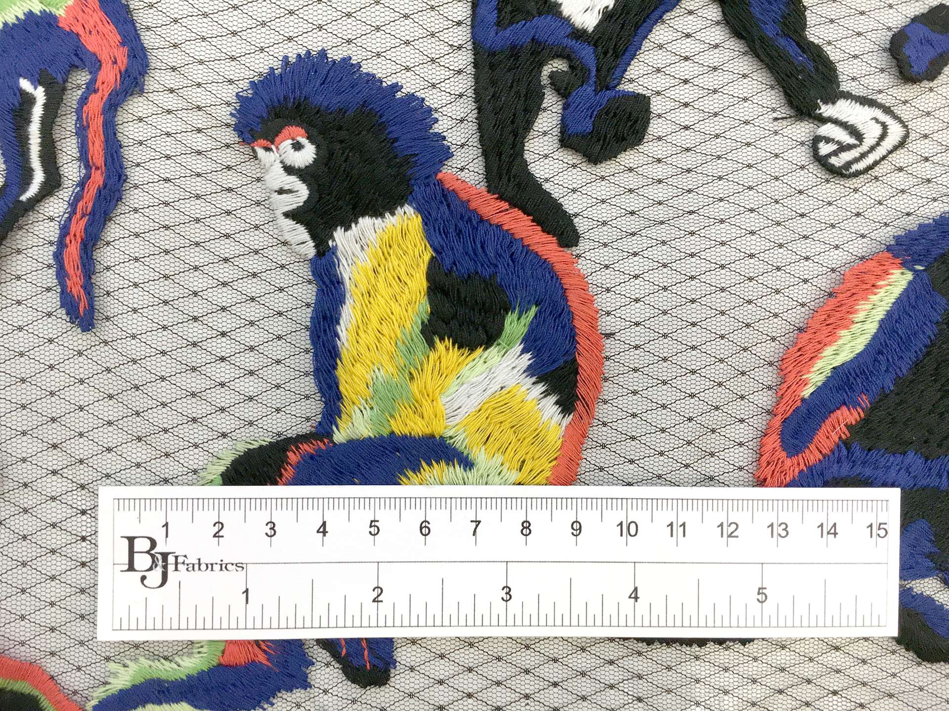 Black Netting with Colorful Embroidered Monkeys