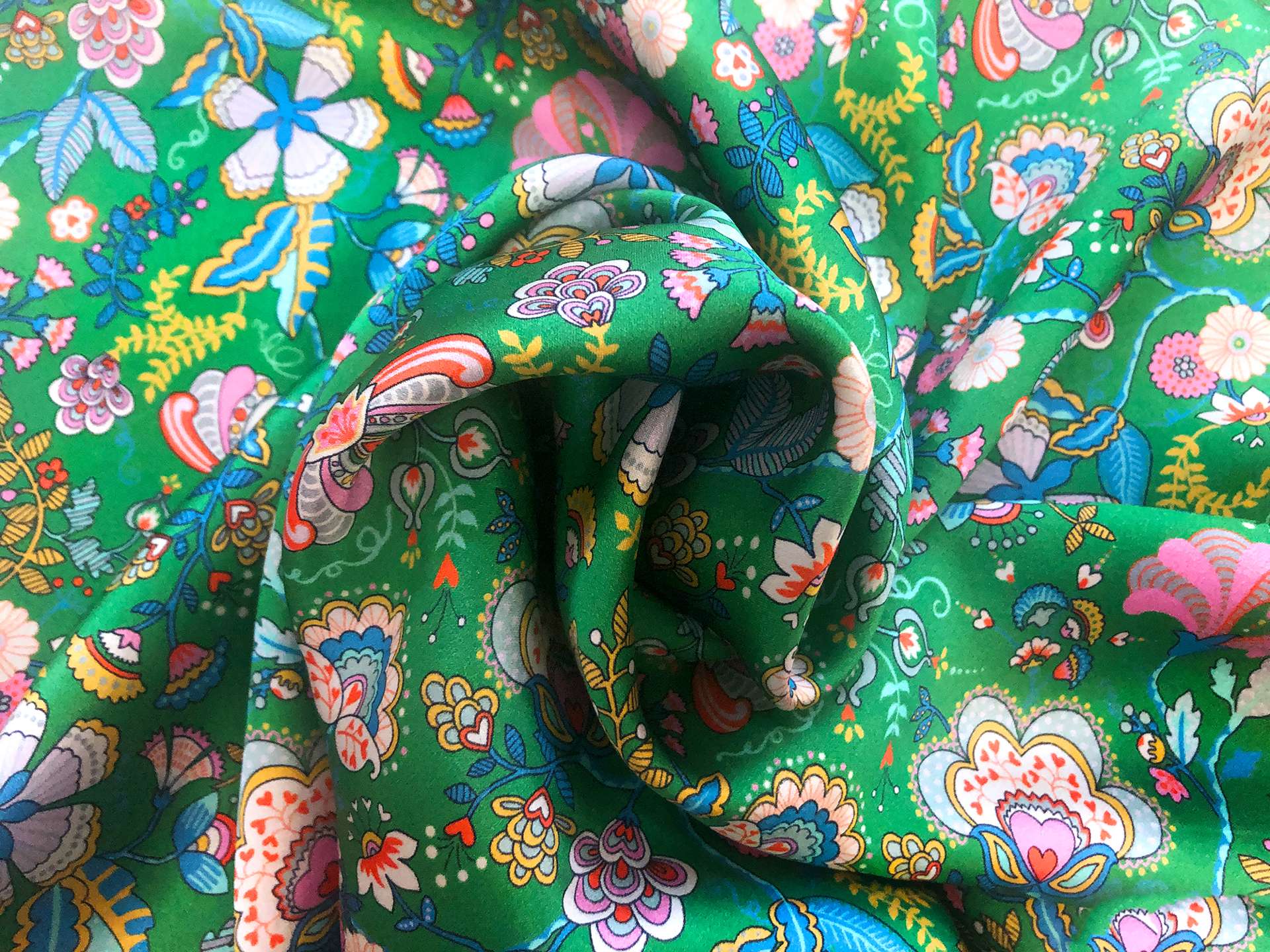 Liberty Silk Charmeuse Floral Print in Green Background