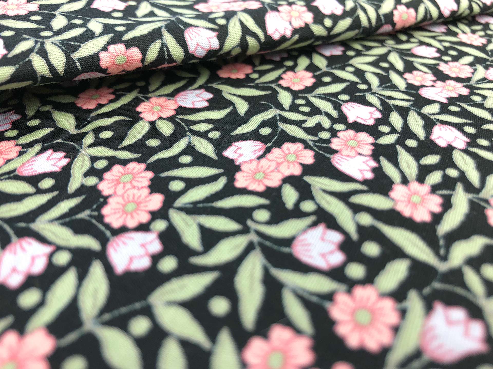 Japanese Cotton Broadcloth Petite Florals Print in Black Sky Blue Rose Pink Green