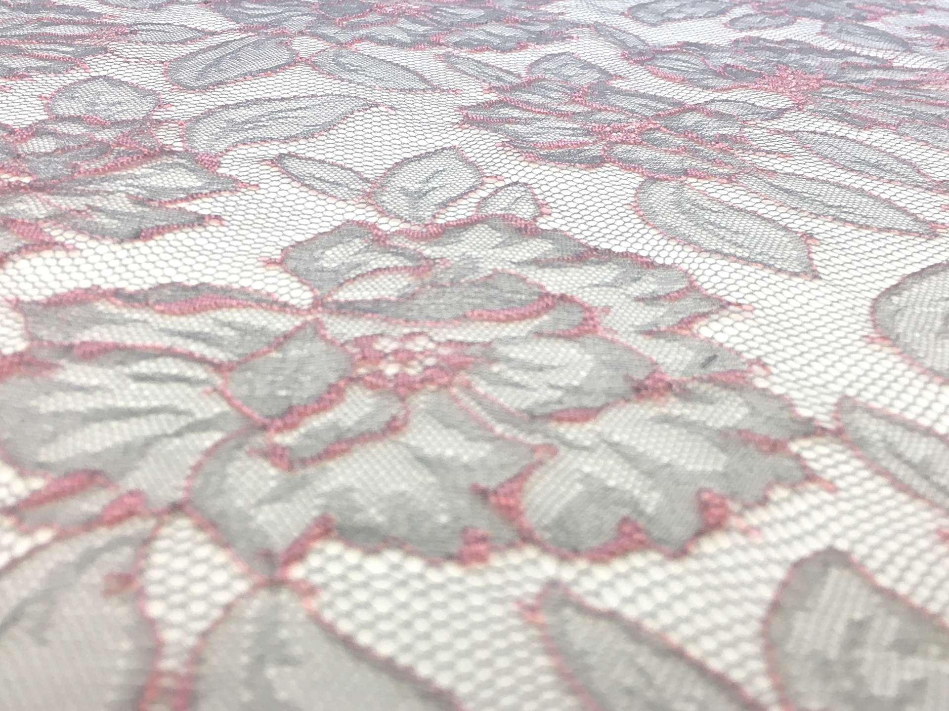 Chantilly Lace with Floral Motifs in Light Gray and Peach