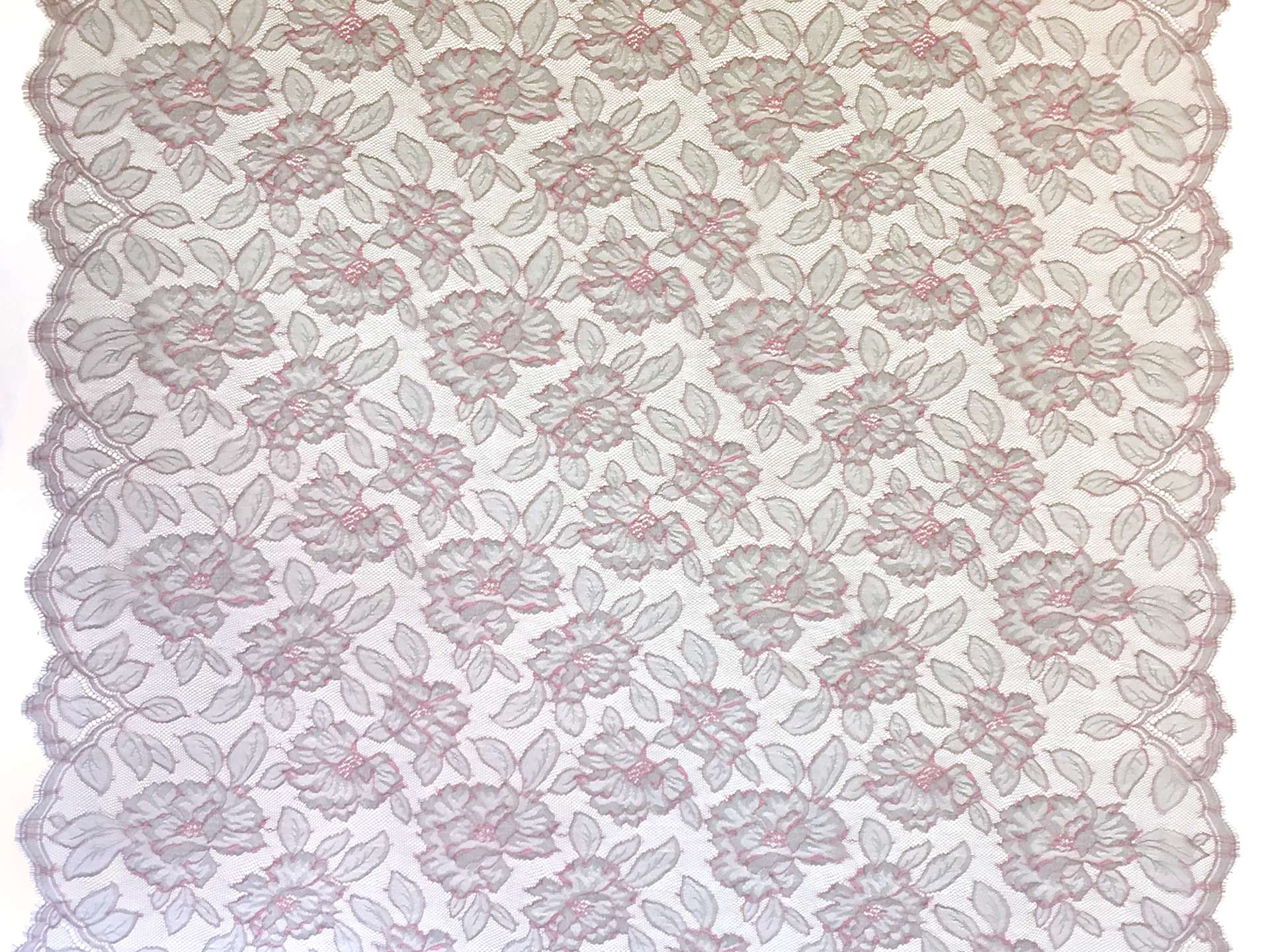 Chantilly Lace with Floral Motifs in Light Gray and Peach