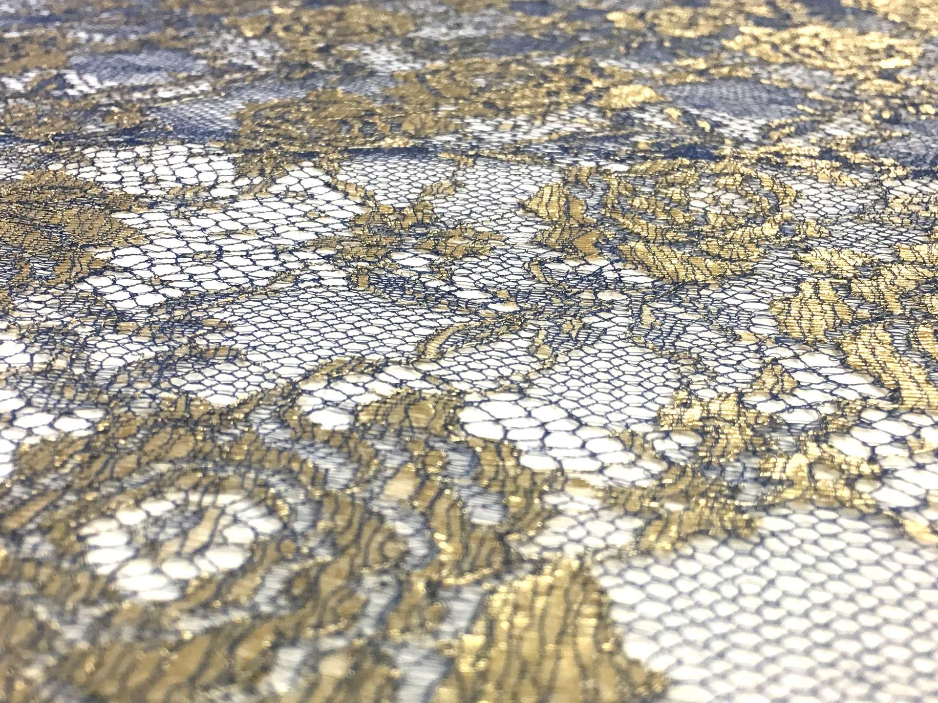 Metallic Chantilly Lace with Floral Motifs in Royal Blue and Gold