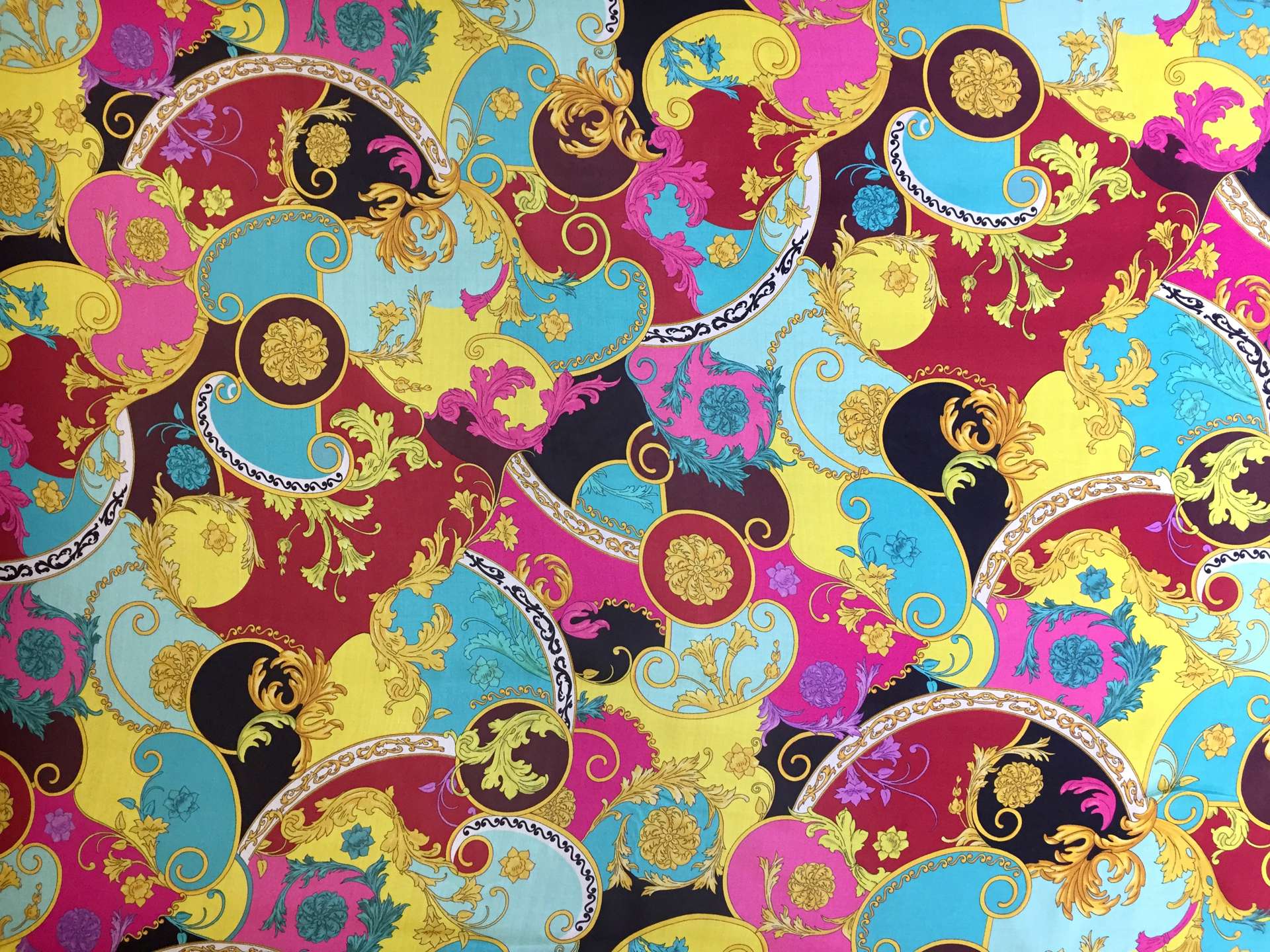 Printed Silk Chiffon with Psychedelic Filigrees On Multicolor Background