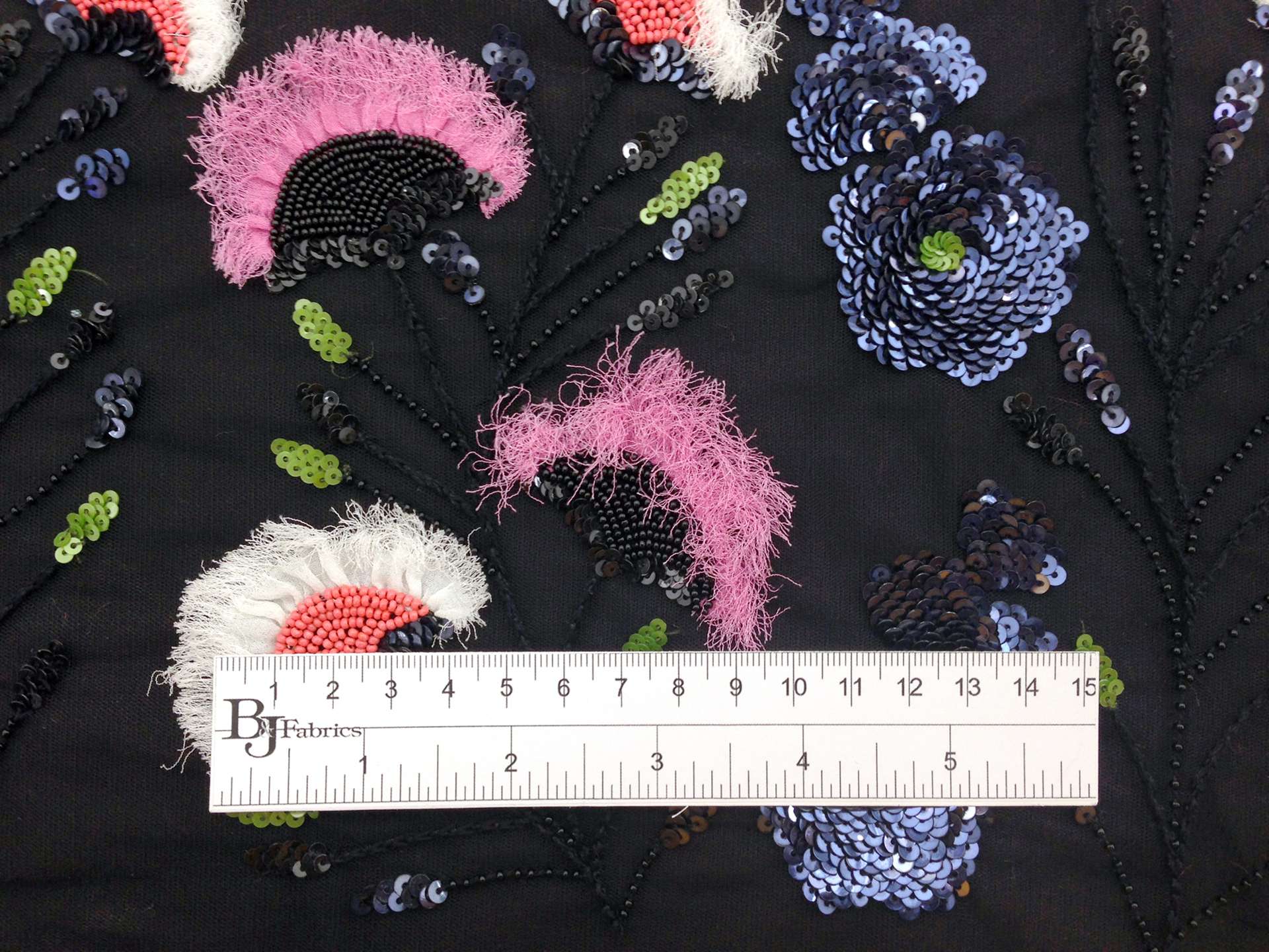 Beaded and Embroidered Tulle with Novelty Fringe Silk Flowers