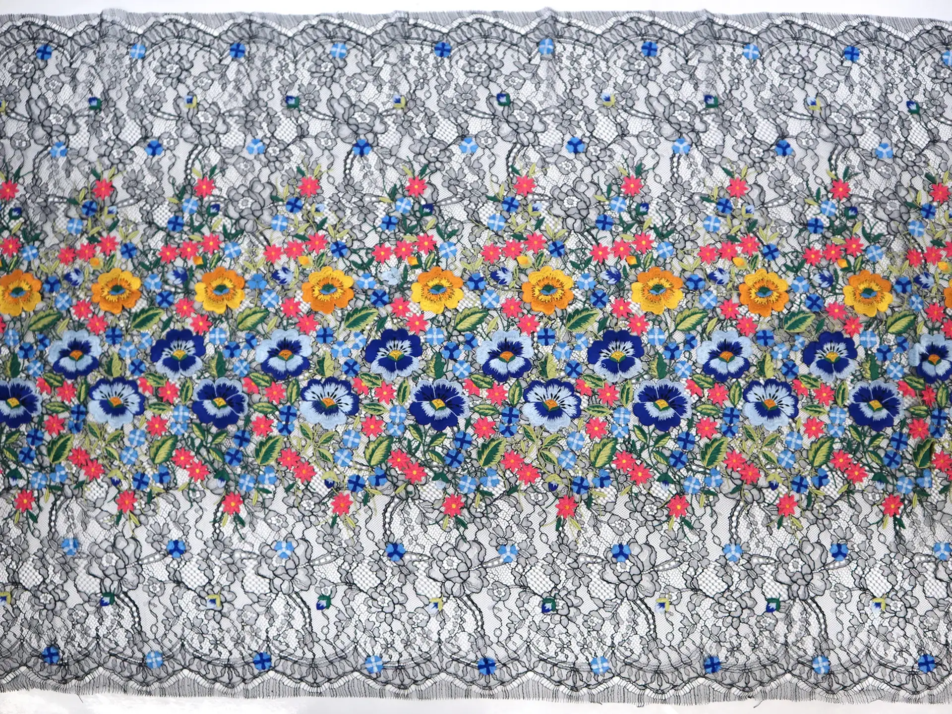 Chantilly Lace with Multi-Colored Floral Embroidery