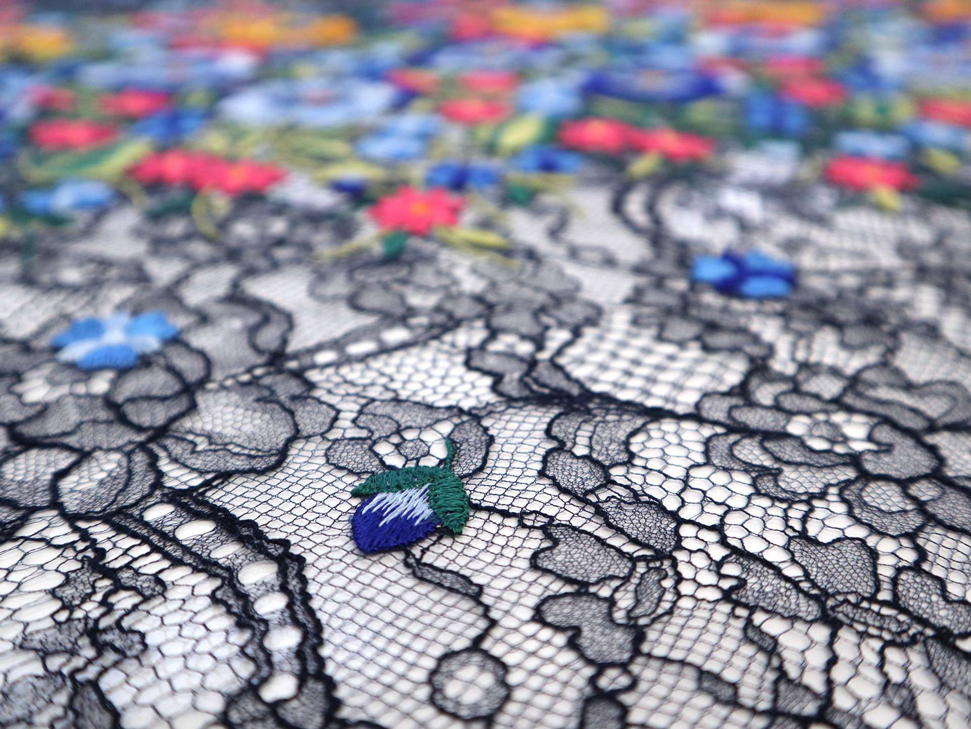 Chantilly Lace with Multi-Colored Floral Embroidery