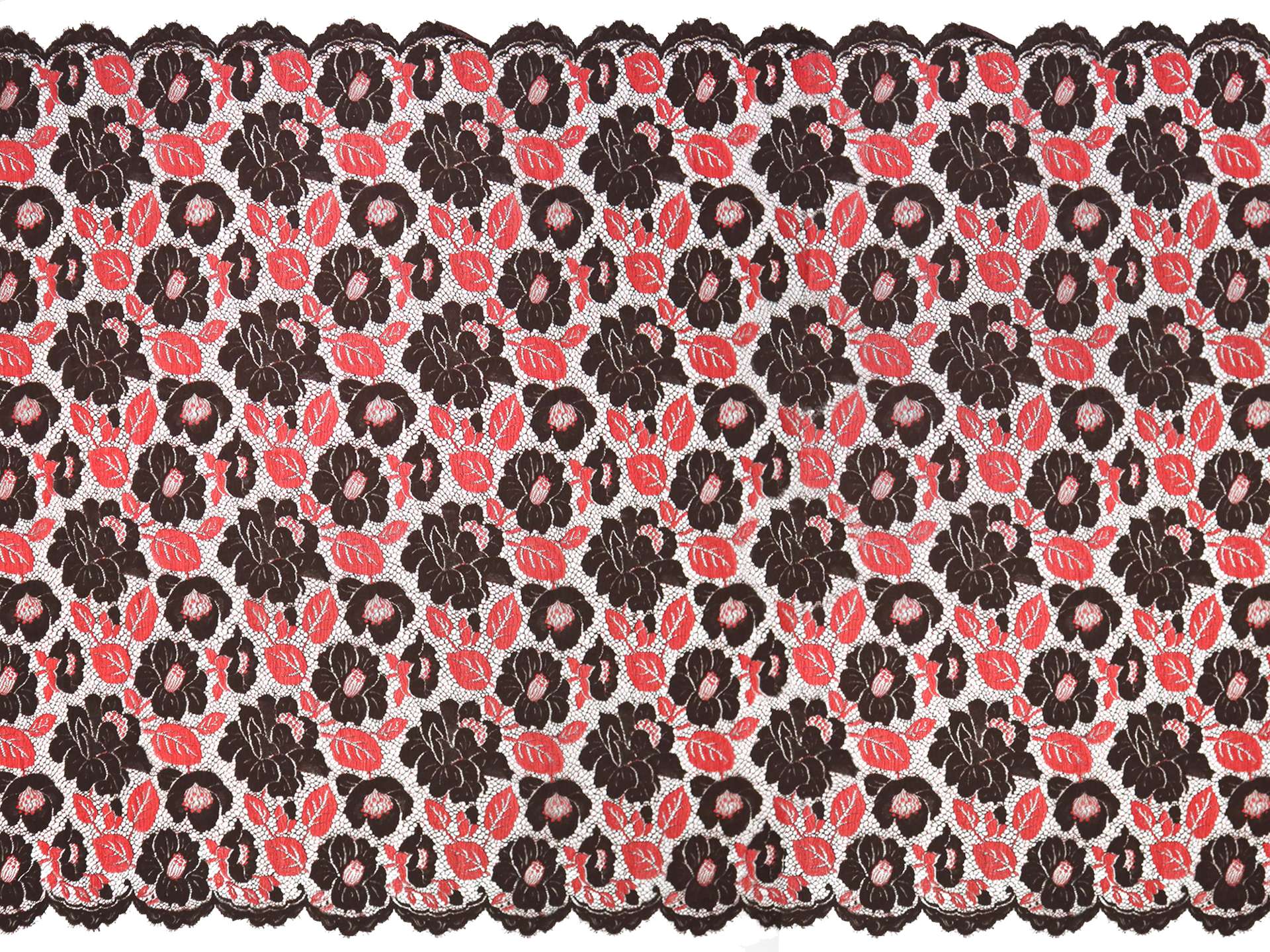 Wool Embroidered Chantilly Lace with Florals in Red and Espresso