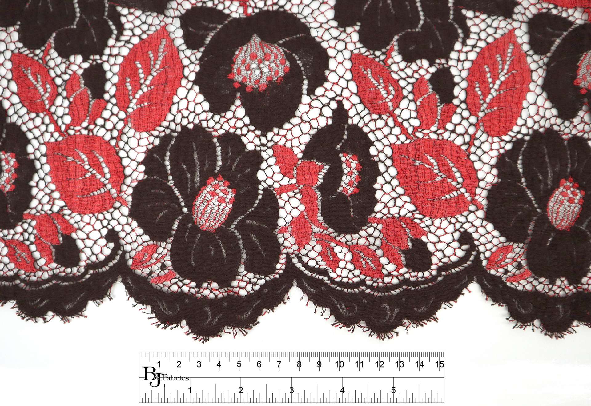 Wool Embroidered Chantilly Lace with Florals in Red and Espresso