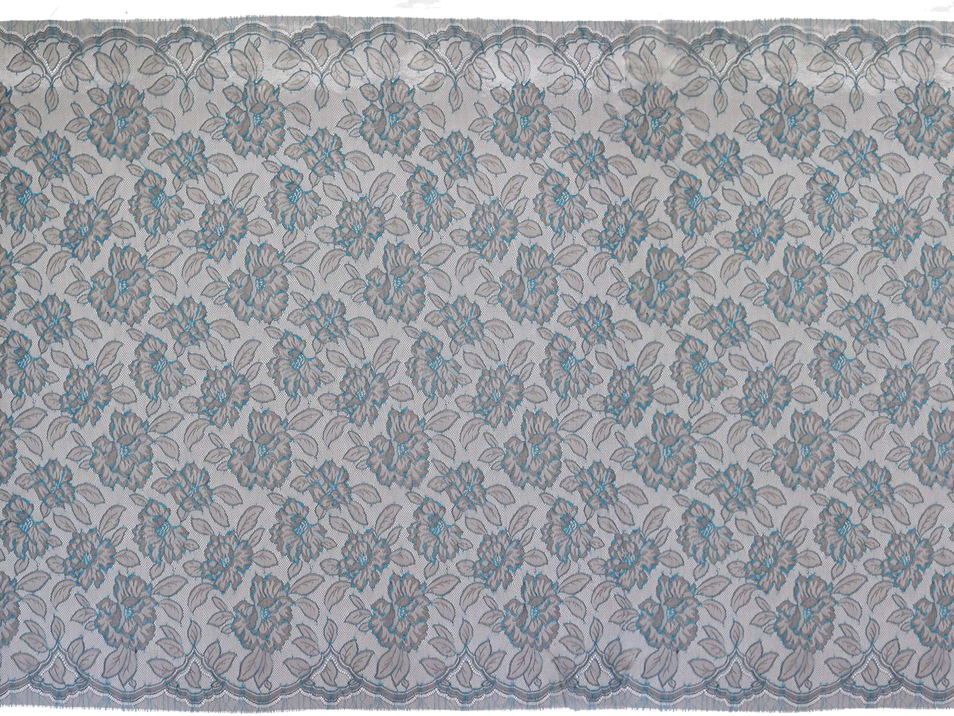 Chantilly Lace with Florals in Aqua Blue and Taupe Grey