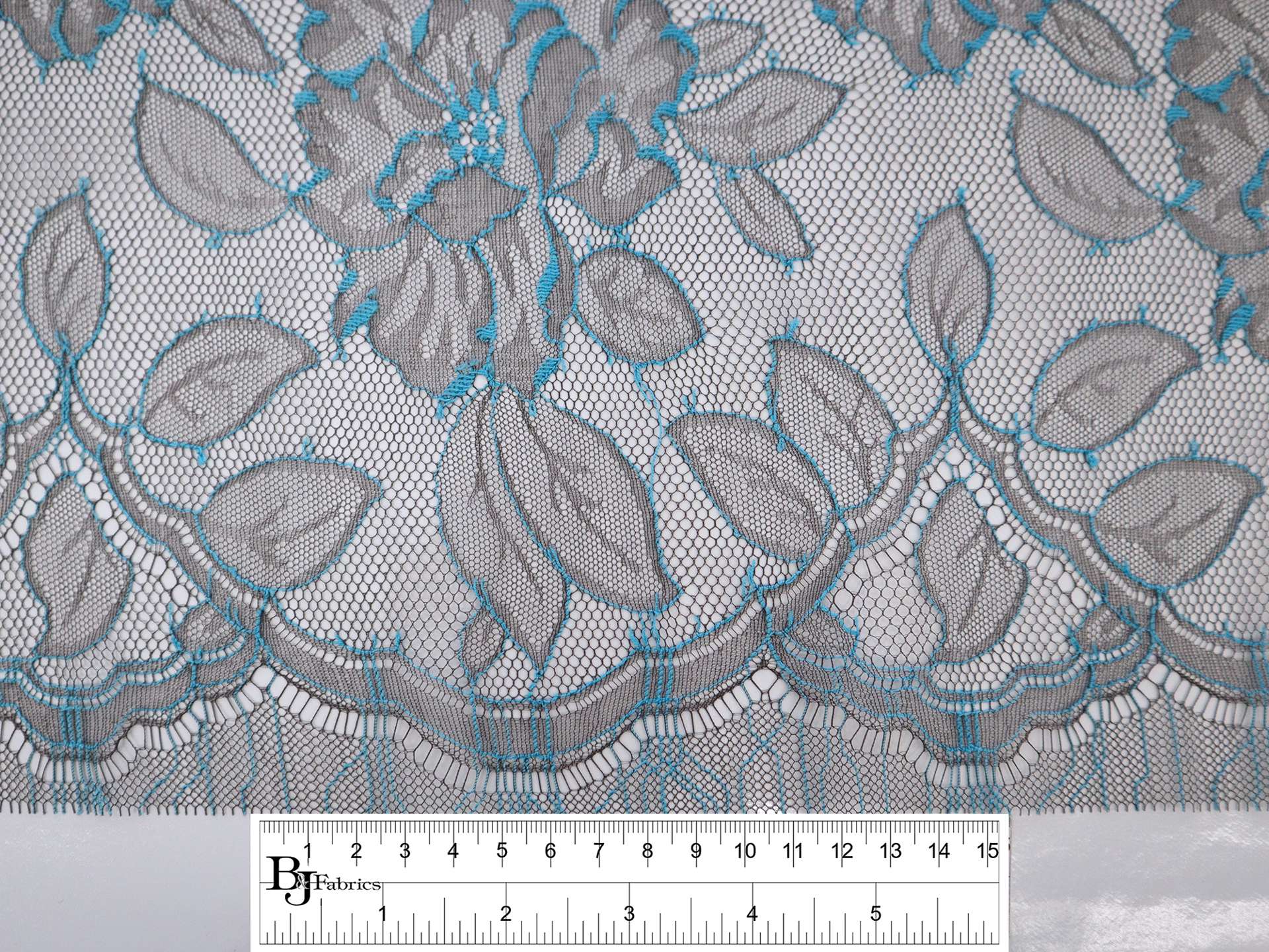Chantilly Lace with Florals in Aqua Blue and Taupe Grey