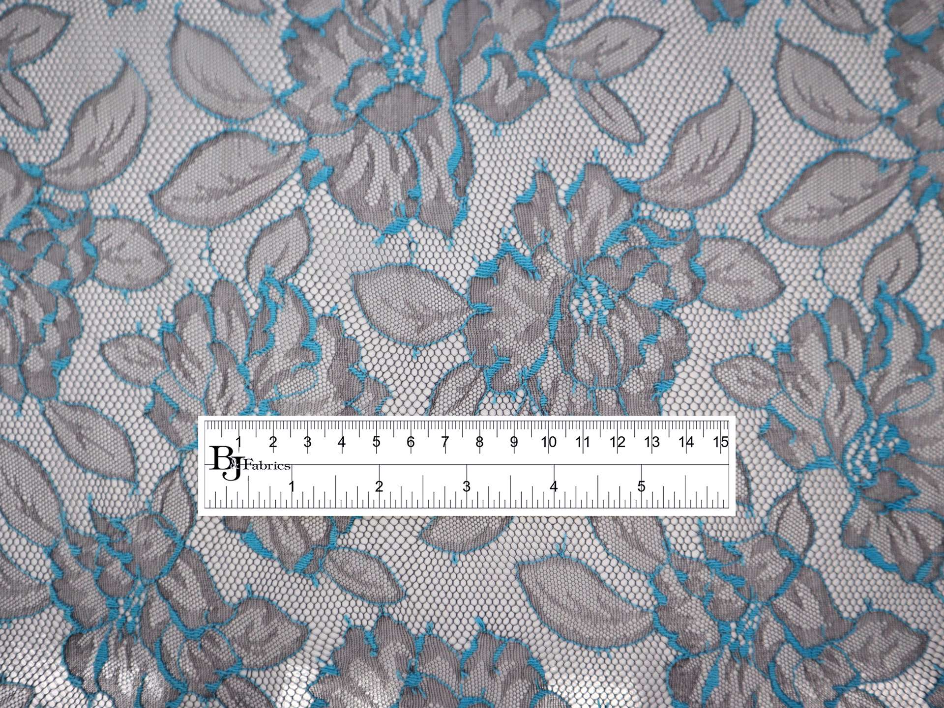 Chantilly Lace with Florals in Aqua Blue and Taupe Grey