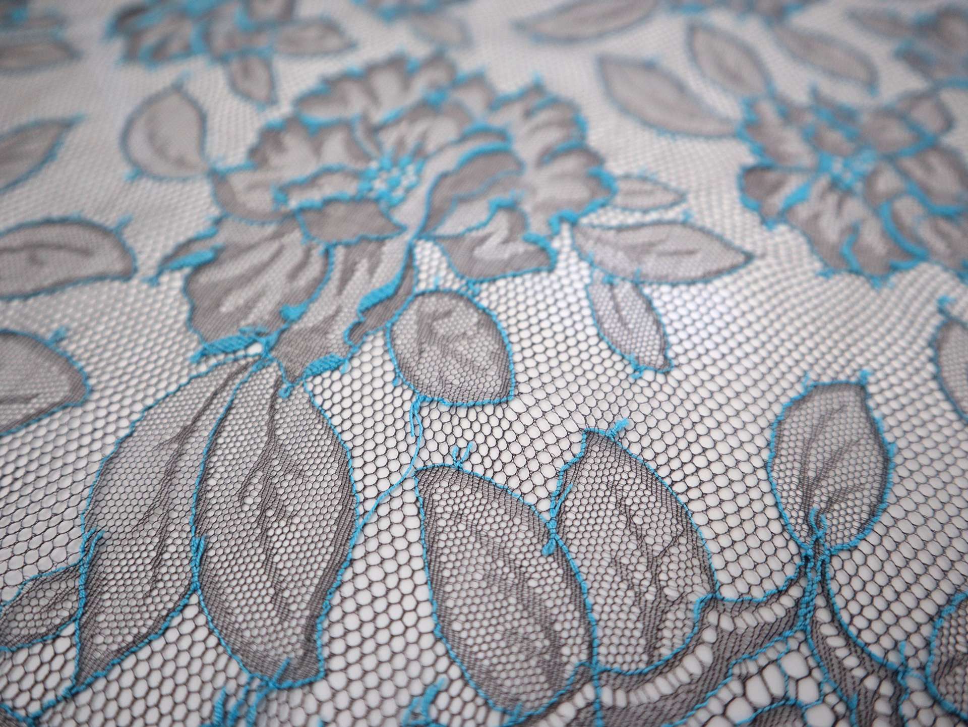 Chantilly Lace with Florals in Aqua Blue and Taupe Grey