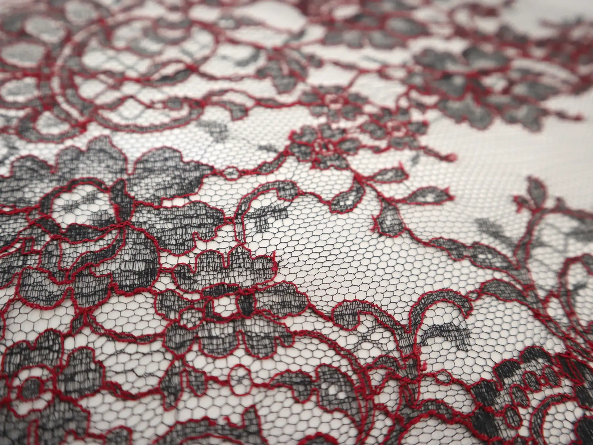 Chantilly Lace with Florals in Black and Crimson