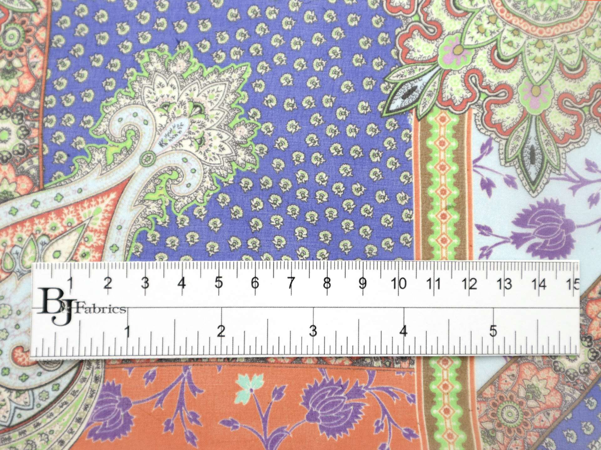 Printed Silk Chiffon in Paisley On Blue Light-Blue Yellow Orange White Background