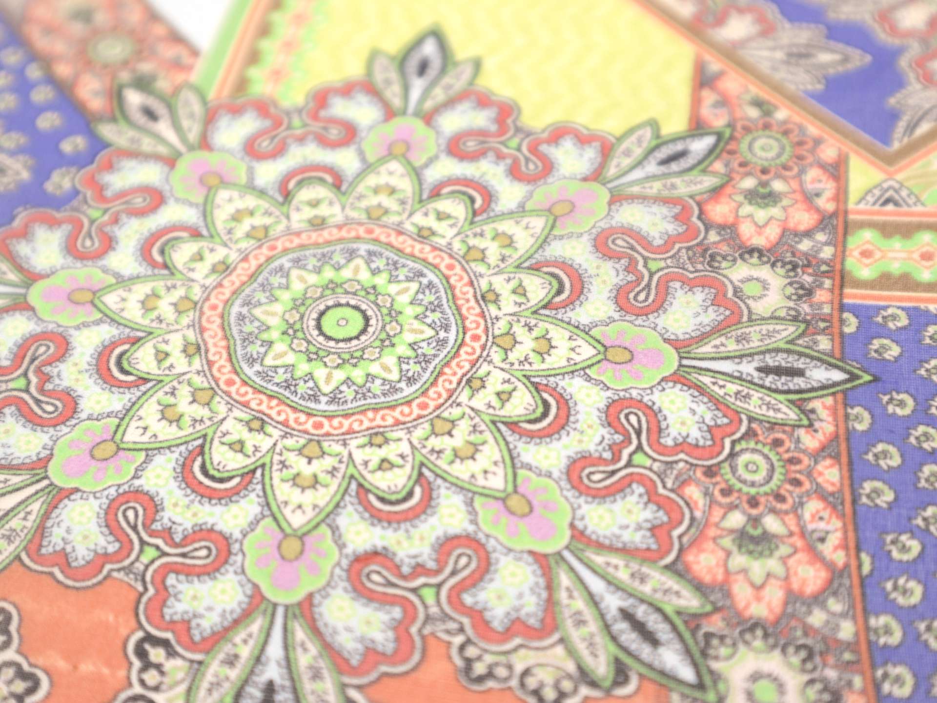 Printed Silk Chiffon in Paisley On Blue Light-Blue Yellow Orange White Background