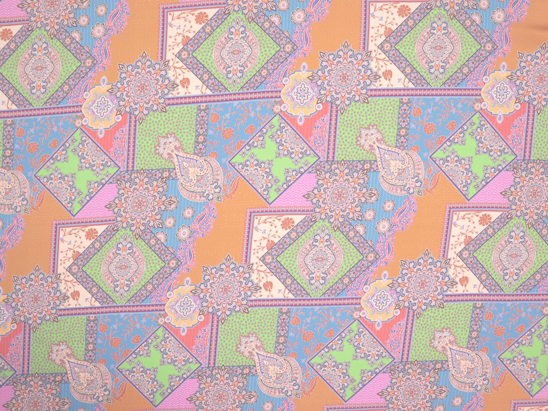 Printed Silk Chiffon in Paisley On Pink Yellow Blue Orange Green Background