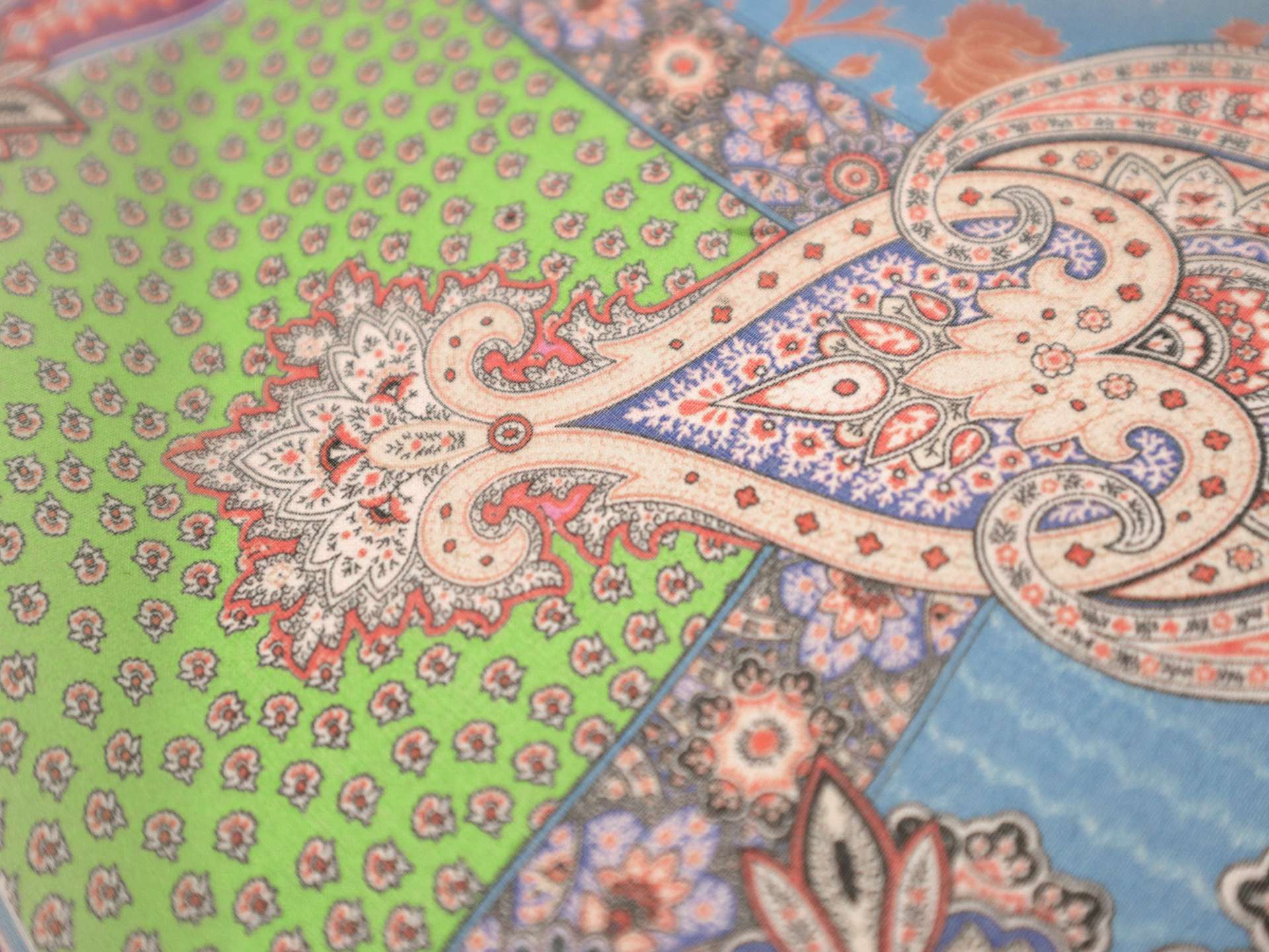 Printed Silk Chiffon in Paisley On Pink Yellow Blue Orange Green Background