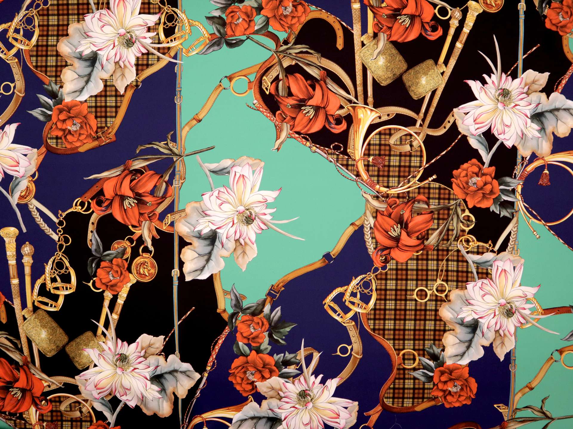 Printed Silk Charmeuse with Floral Pattern in Purple Lt. Turquoise Background