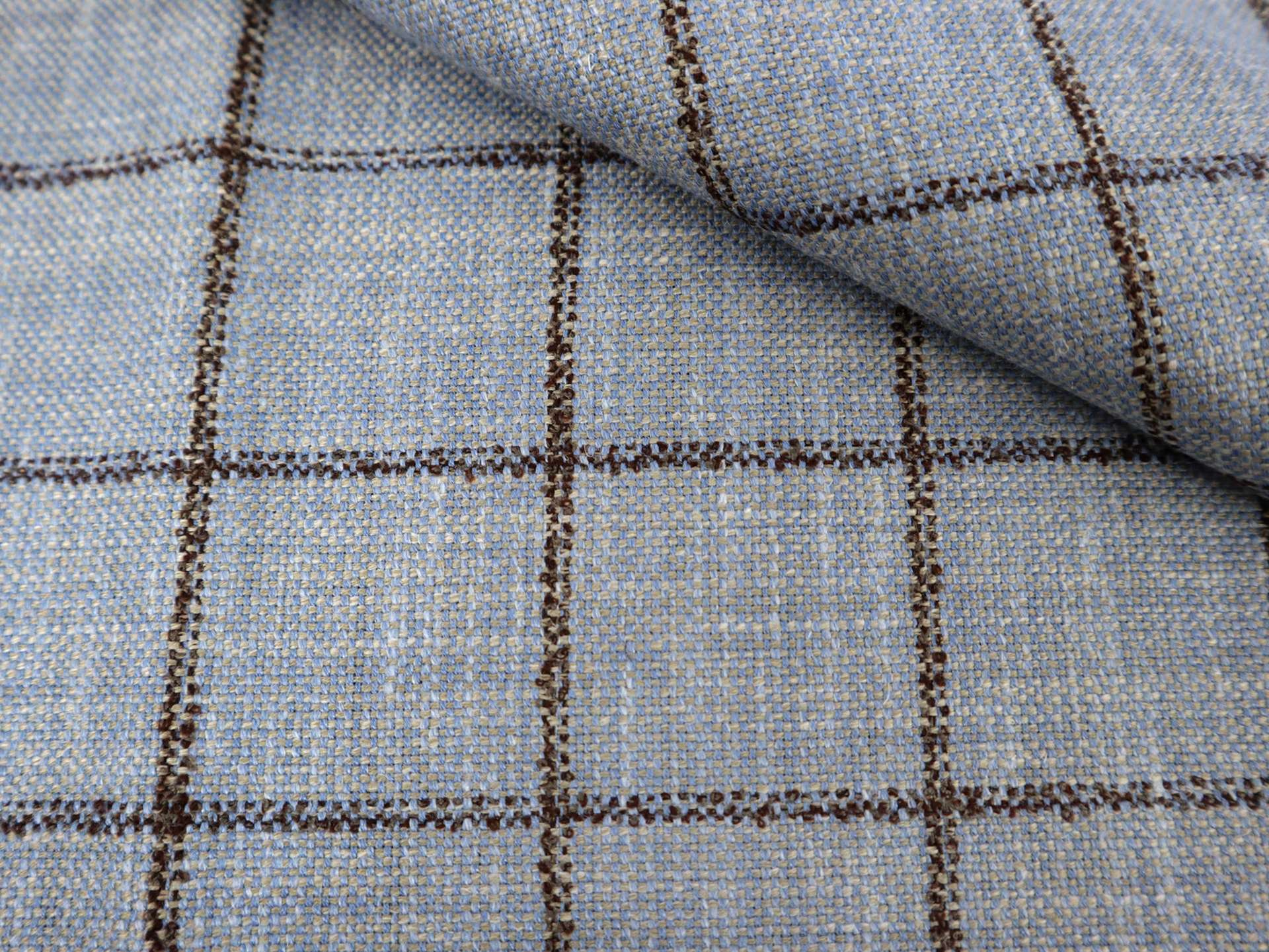 Silk Blend Windowpane Suiting in Powder Blue and Brown