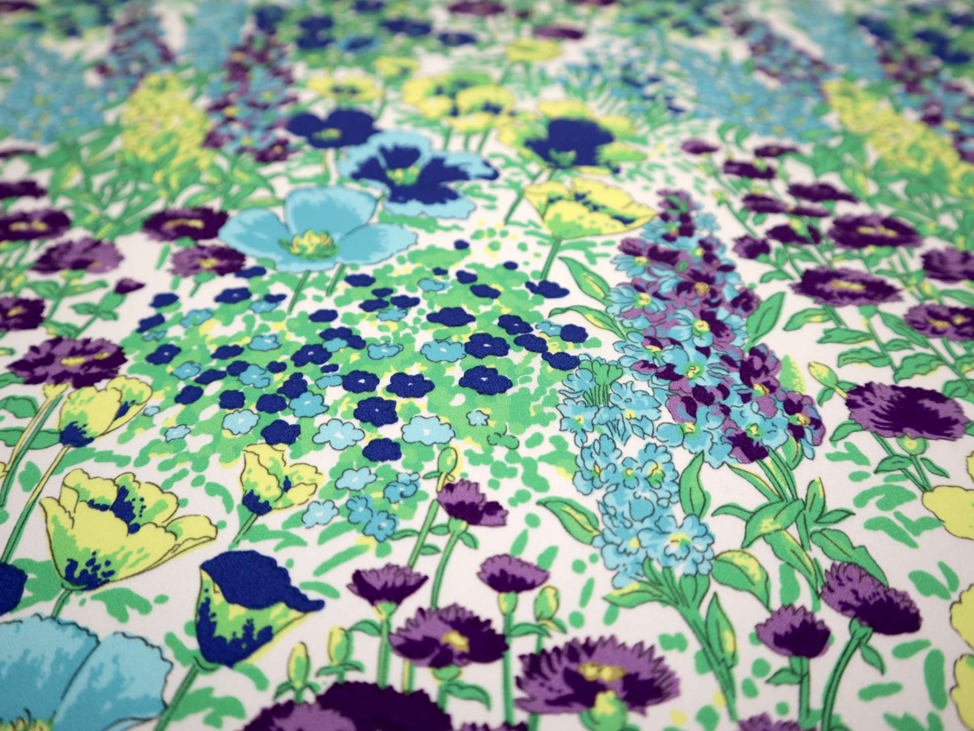 Printed Silk Charmeuse with Illustrated Floral Pattern in Turquoise Background