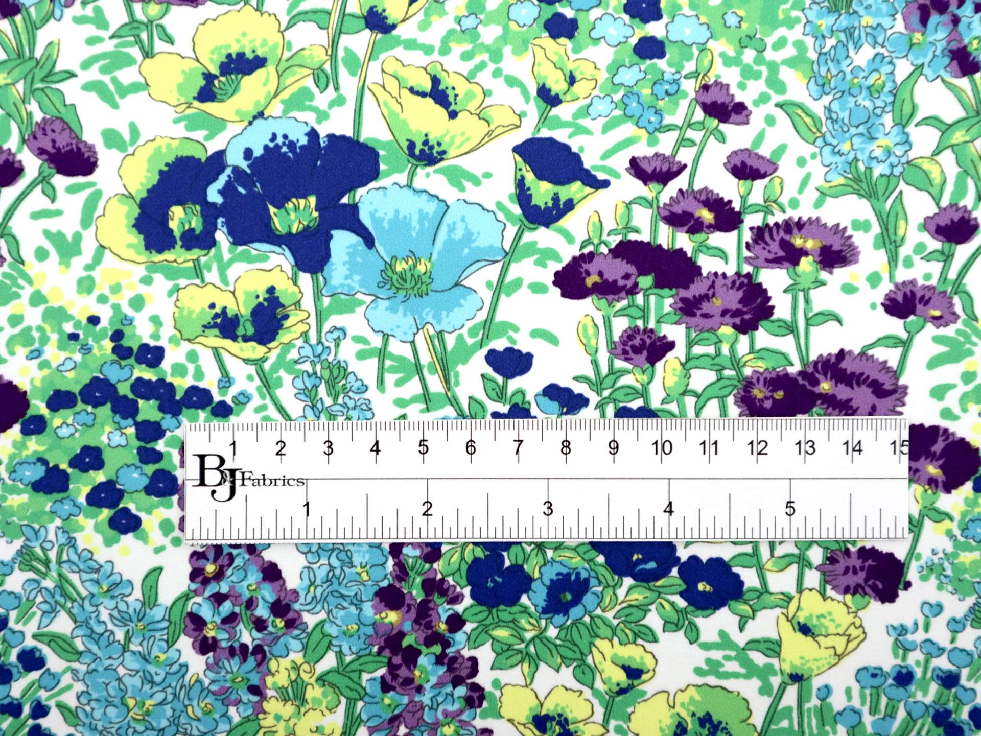 Printed Silk Charmeuse with Illustrated Floral Pattern in Turquoise Background