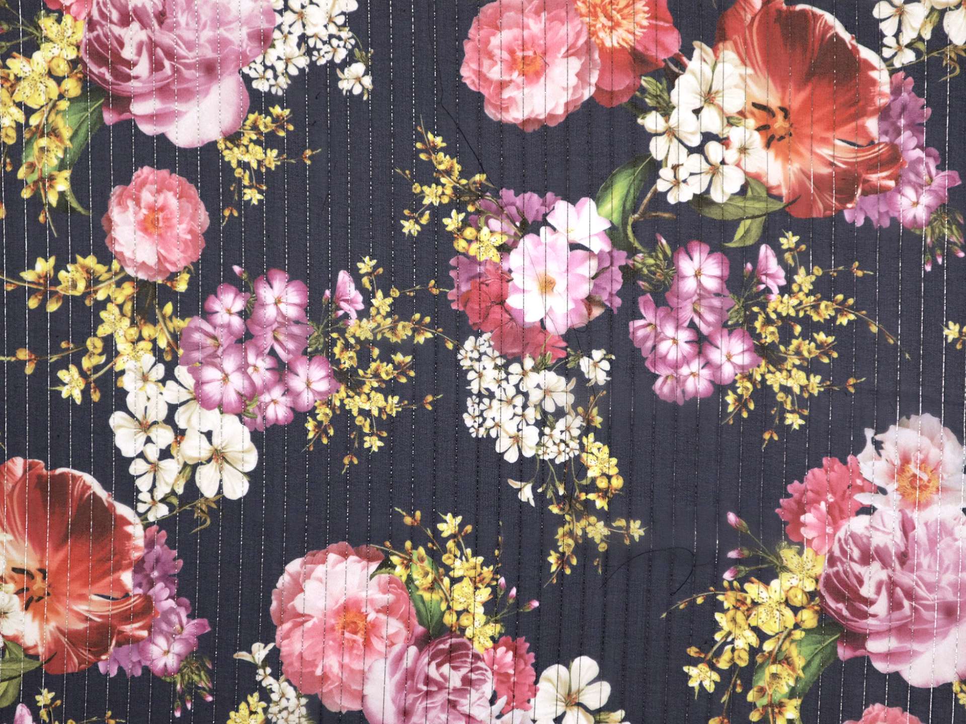 Printed Silk Chiffon with Florals and Lurex Stripes On Black Background