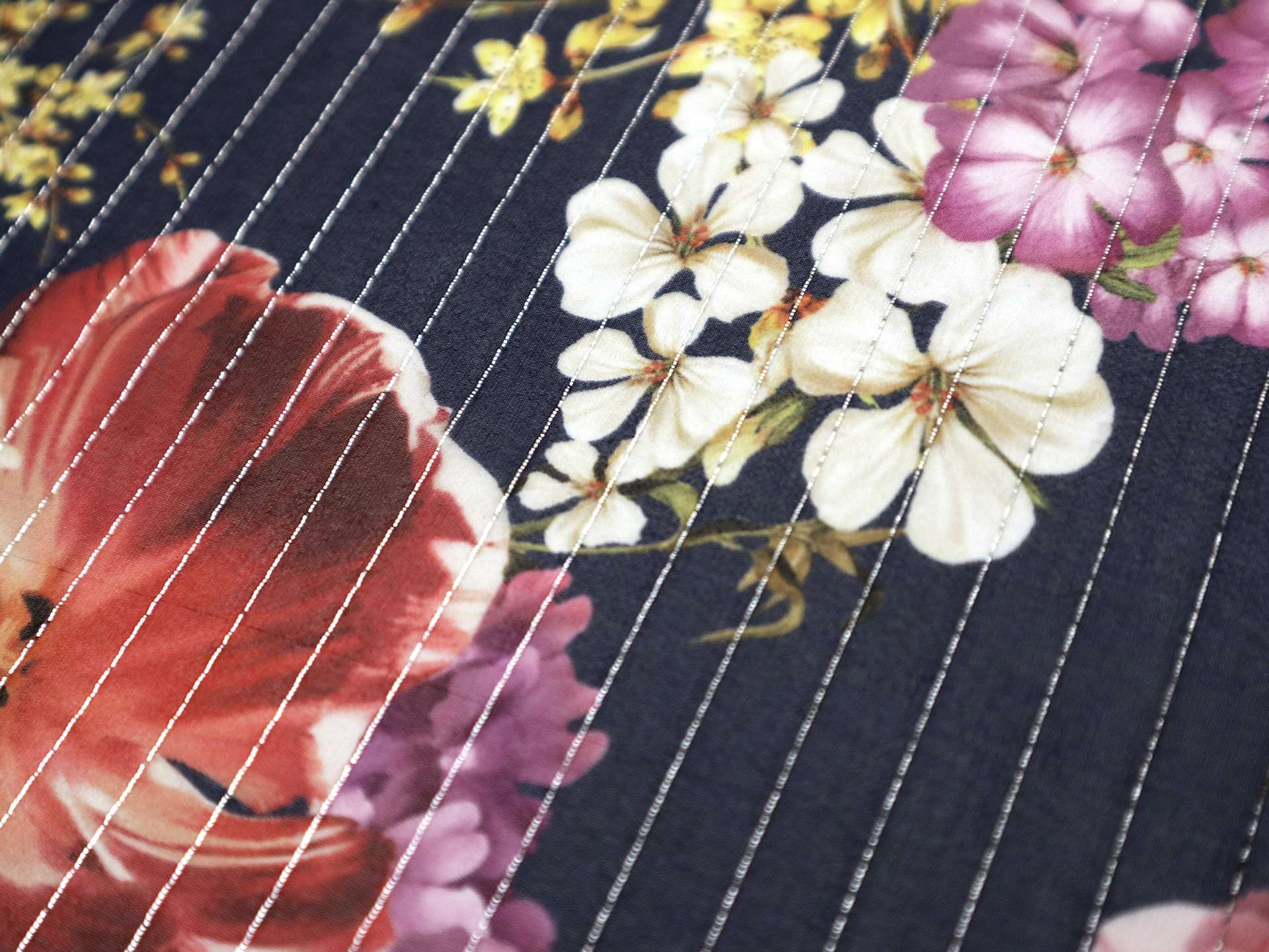 Printed Silk Chiffon with Florals and Lurex Stripes On Black Background