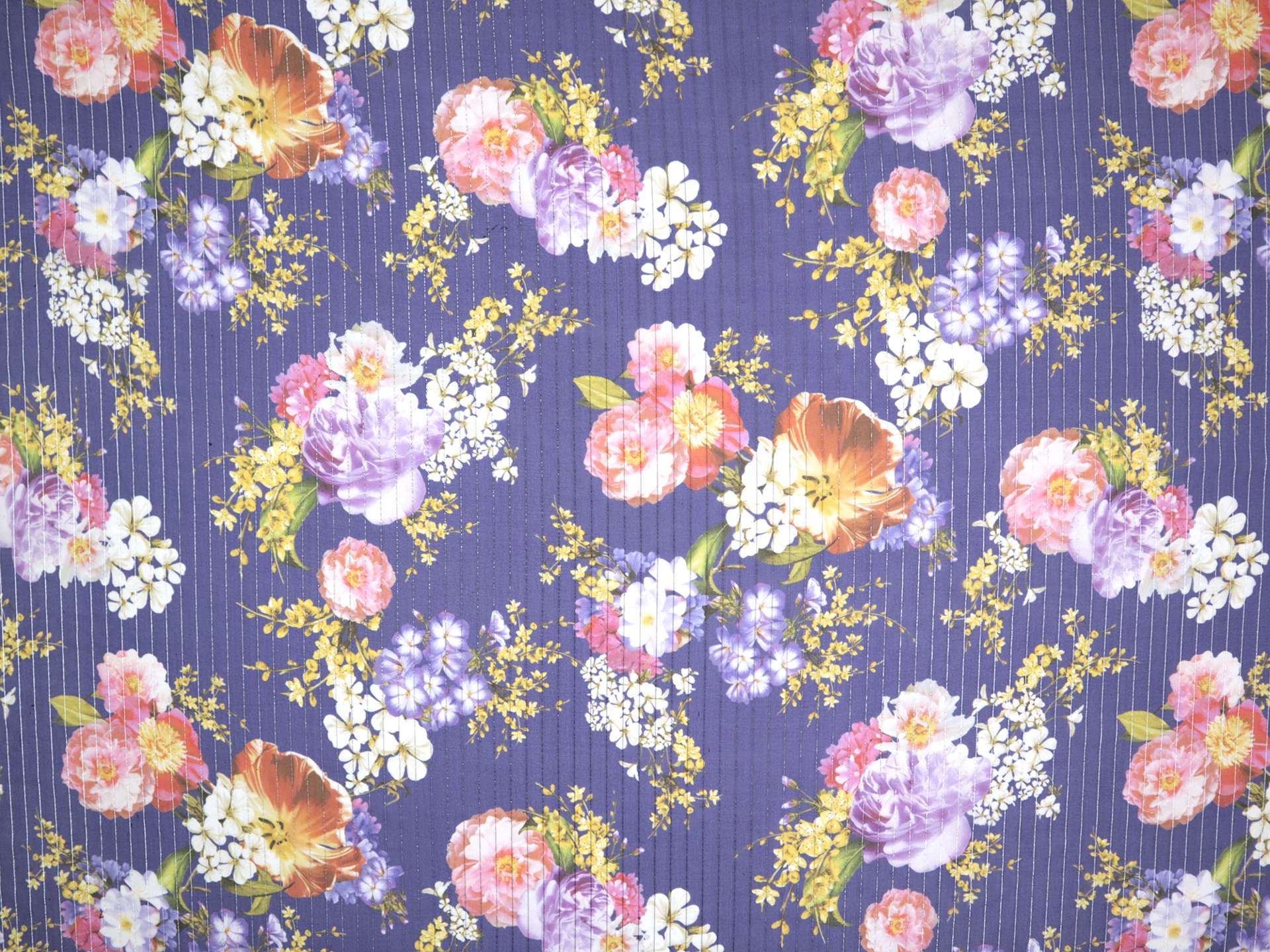 Printed Silk Chiffon with Florals and Lurex Stripes On Blue Background