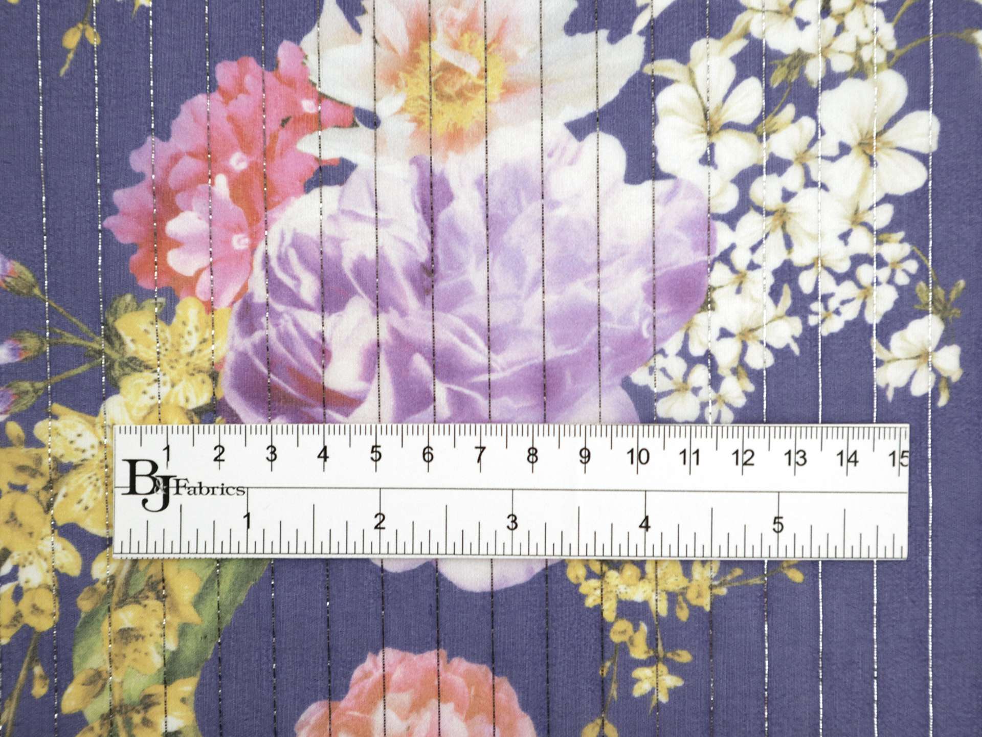 Printed Silk Chiffon with Florals and Lurex Stripes On Blue Background