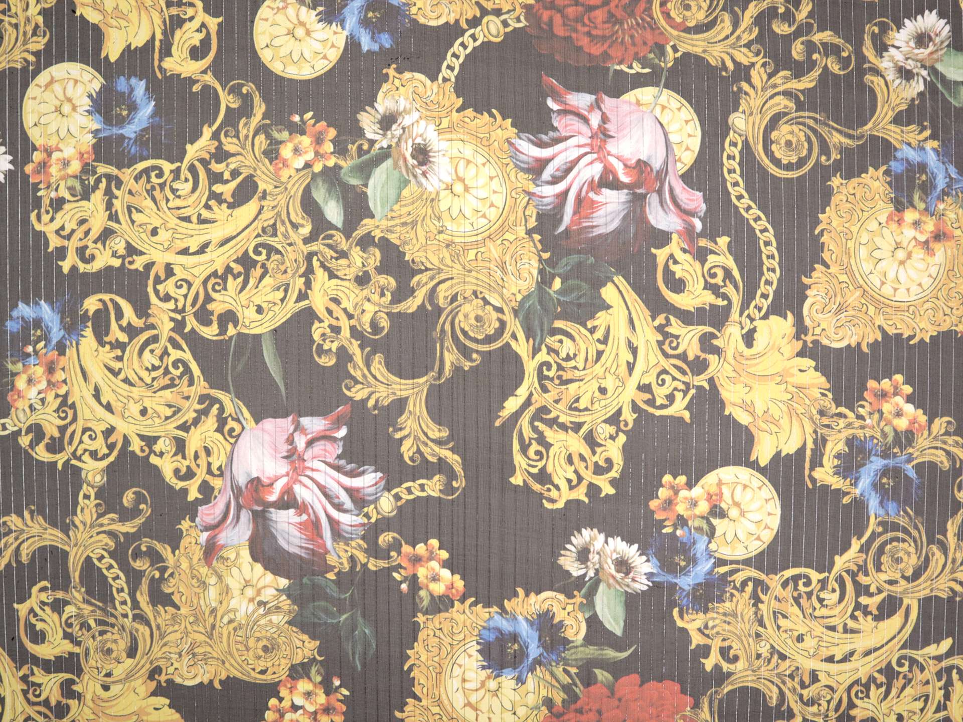 Printed Silk Chiffon with Florals, Fleur de Lis, and Lurex Stripes On Dark Grey Background