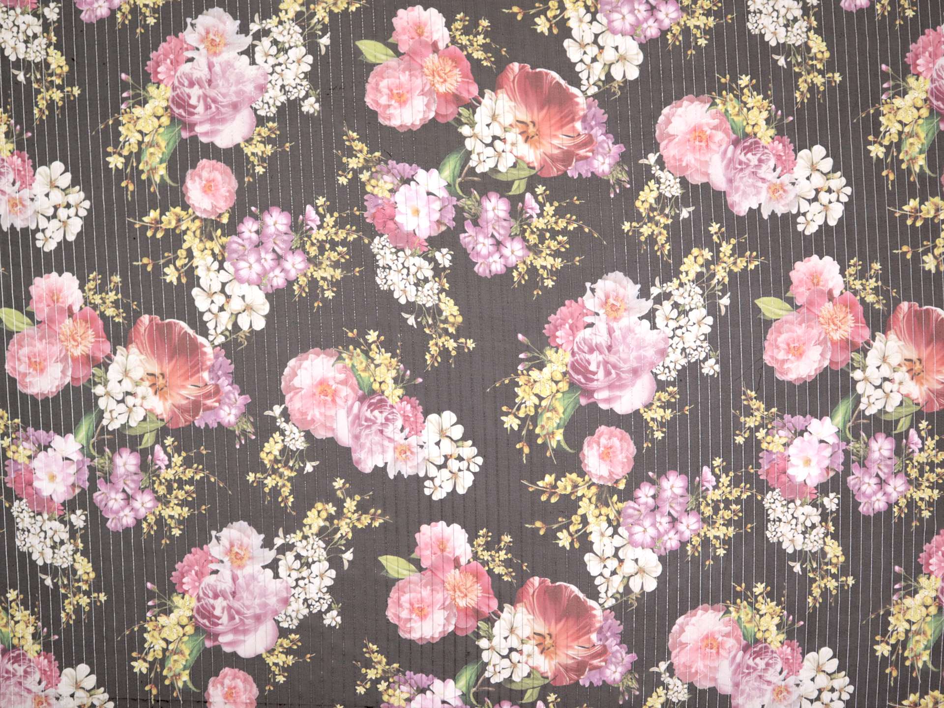 Printed Silk Chiffon with Floral Patterns and Lurex Stripes On Dark Grey Background