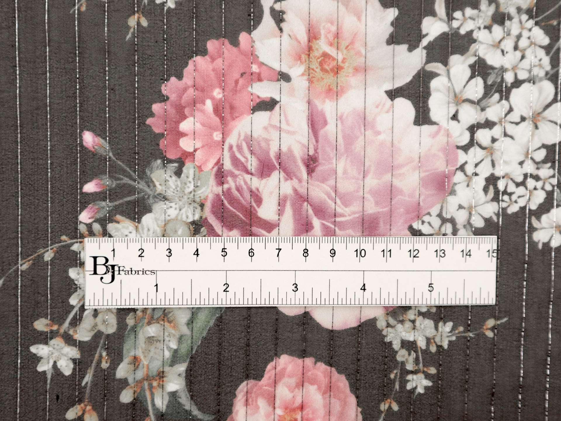 Printed Silk Chiffon with Floral Patterns and Lurex Stripes On Dark Grey Background
