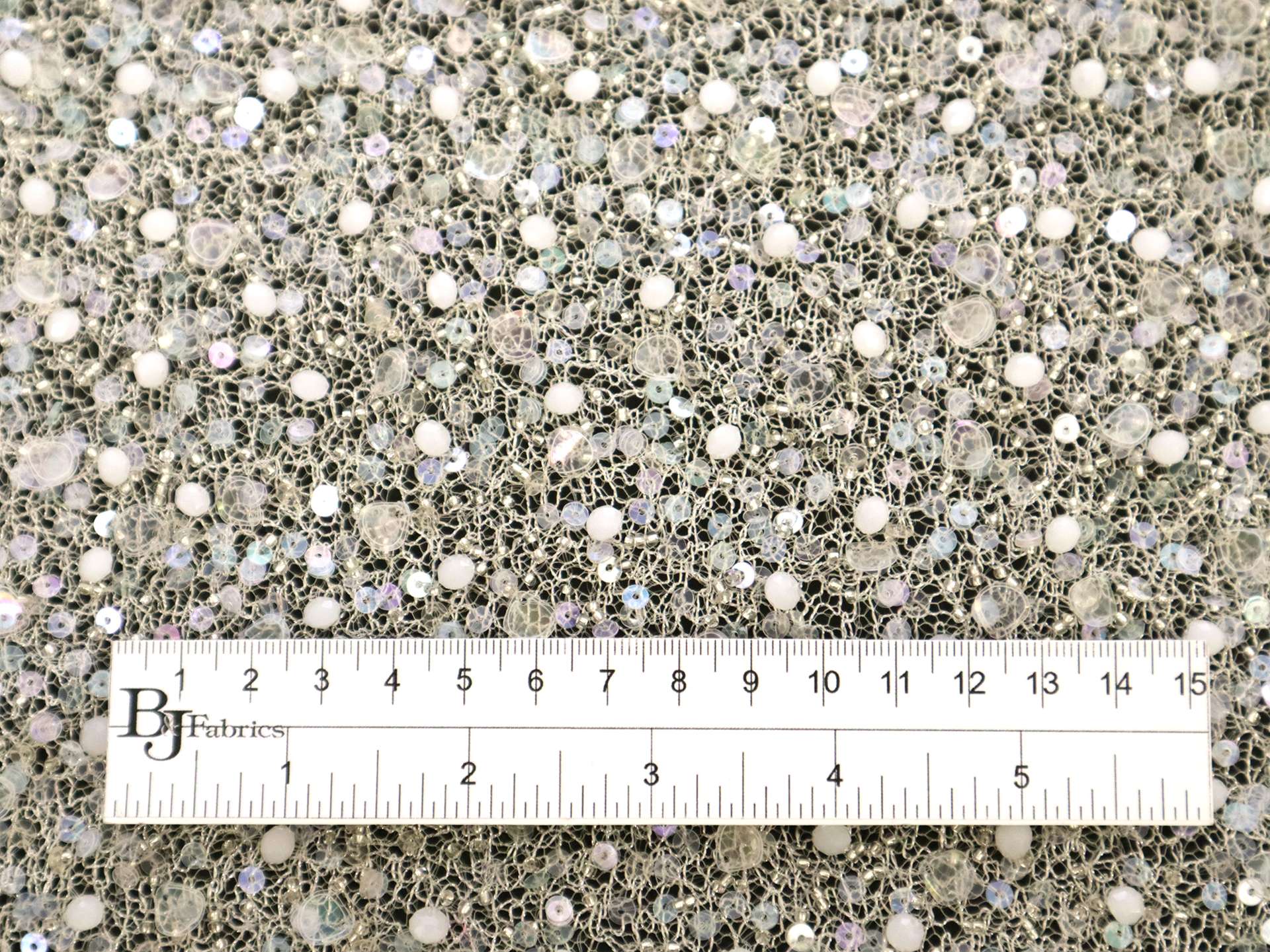 Novelty Beads and Sequins on Metallic Netting in Ivory 