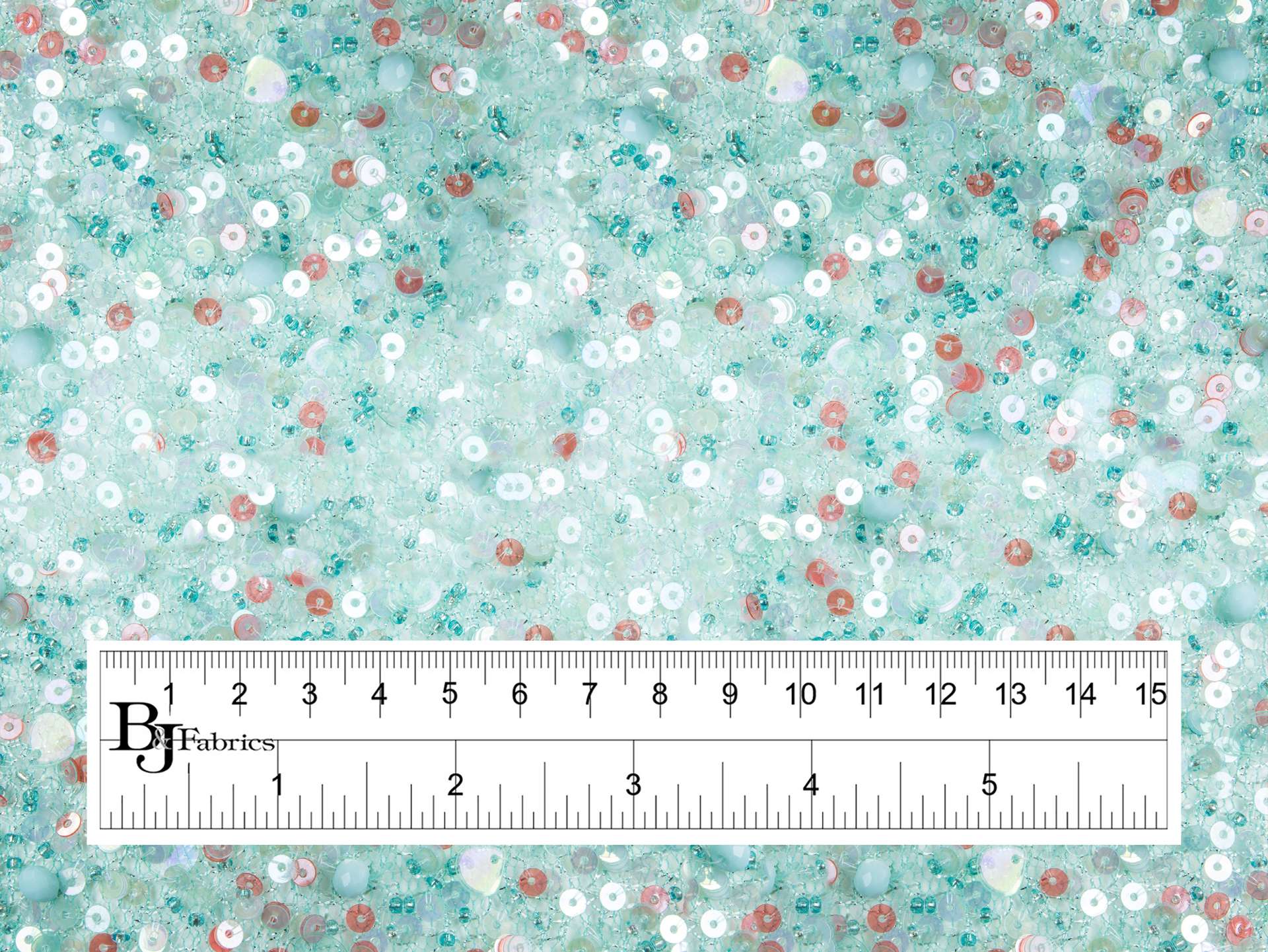 Novelty Beads and Sequins on Metallic Netting in Turquoise
