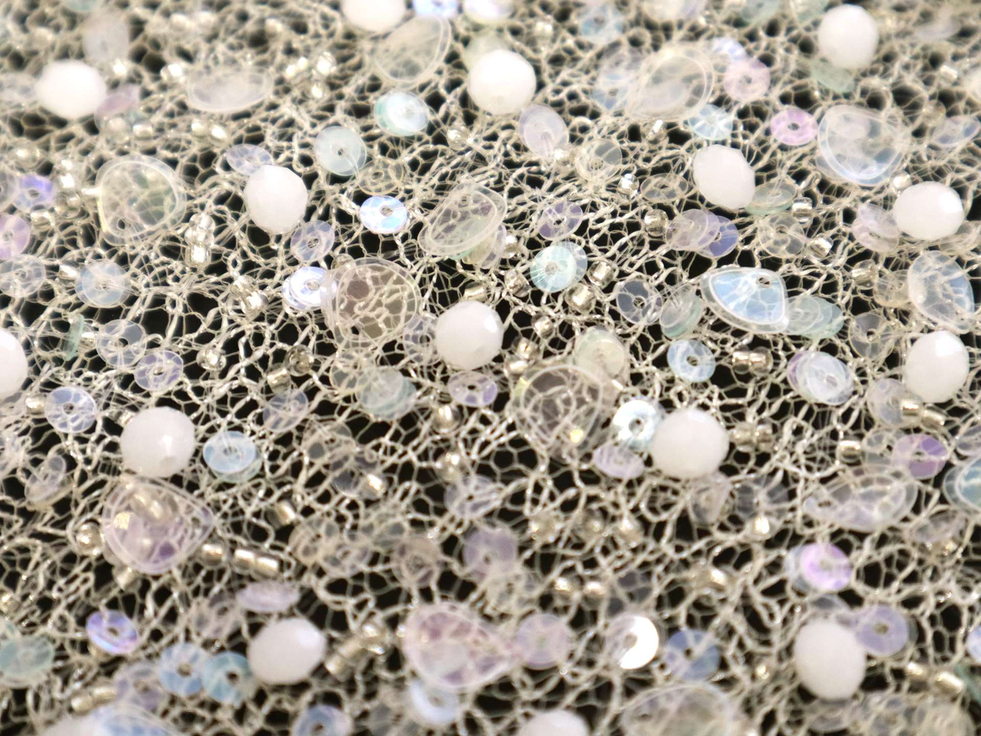 Novelty Beads and Sequins on Metallic Netting in Ivory 