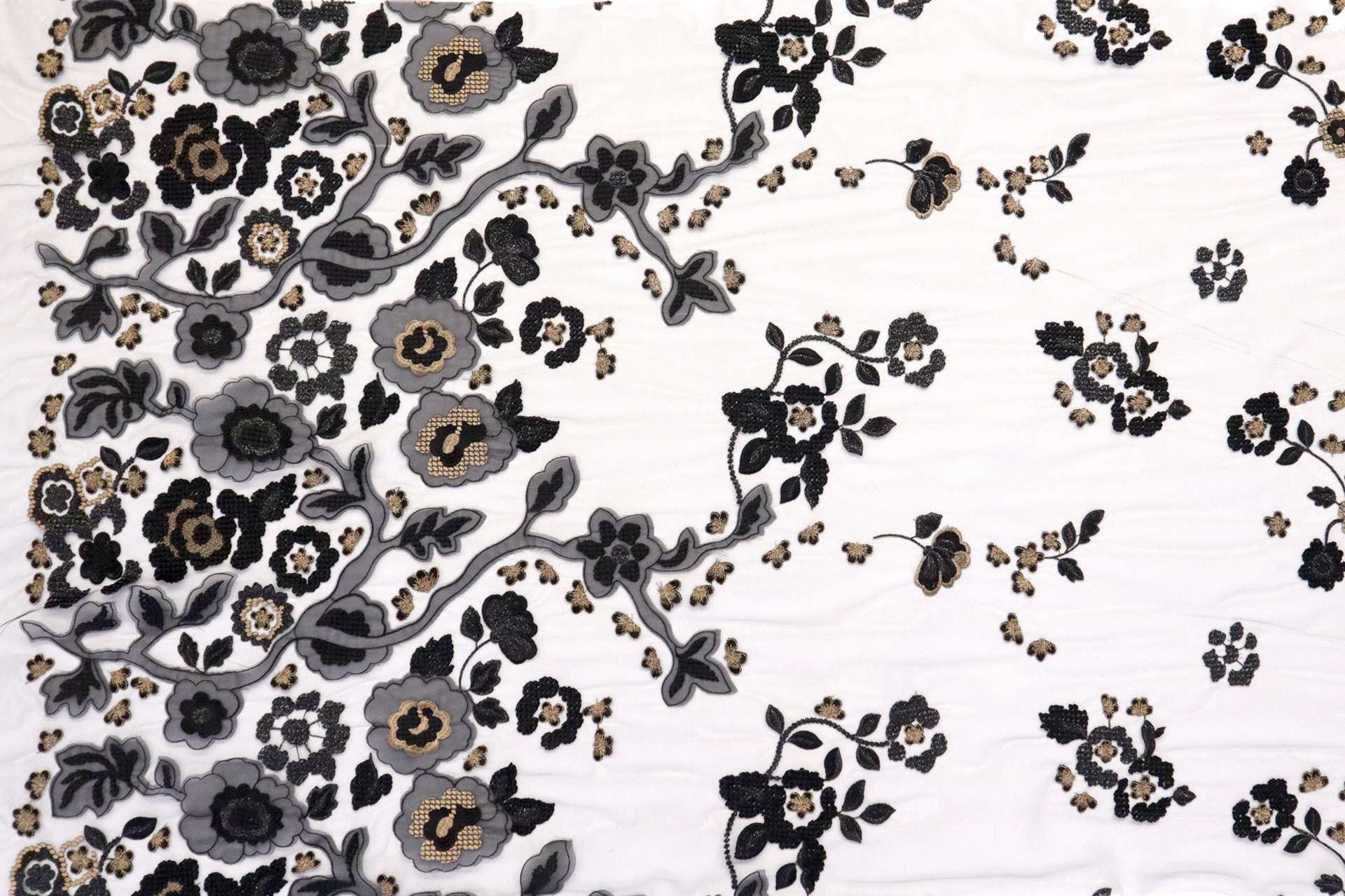 Novelty Embroidered Floral in Black with Gold Accents