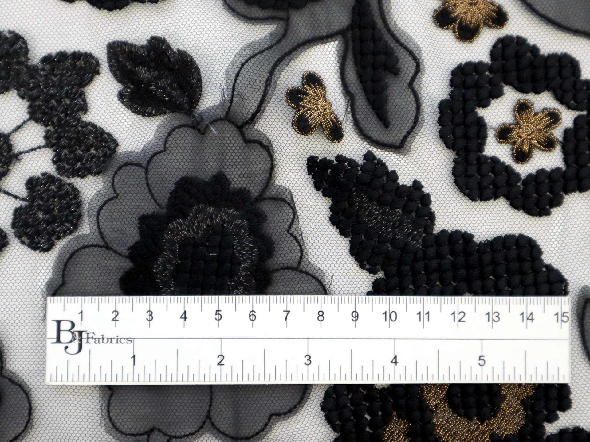 Novelty Embroidered Floral in Black with Gold Accents