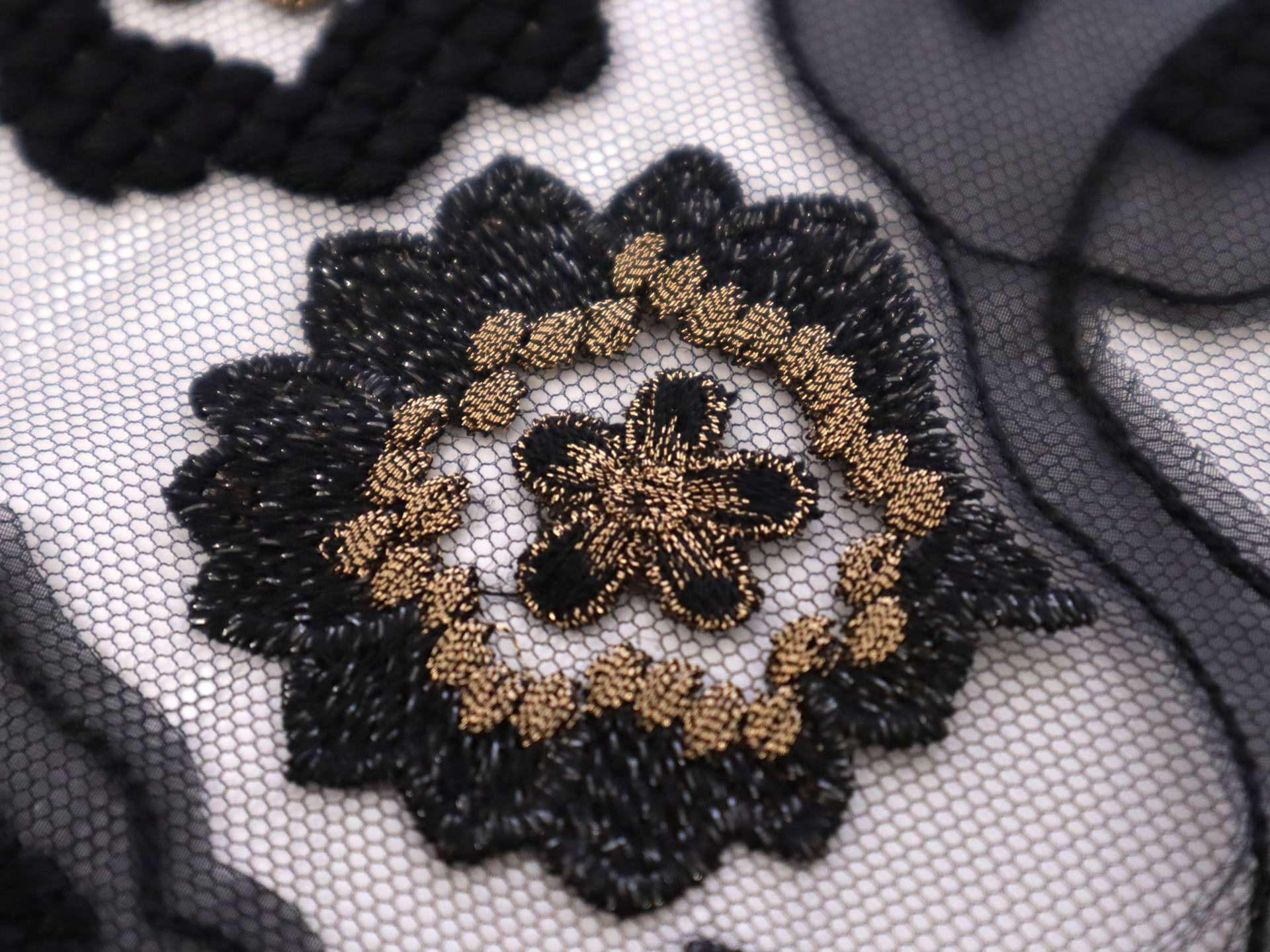 Novelty Embroidered Floral in Black with Gold Accents