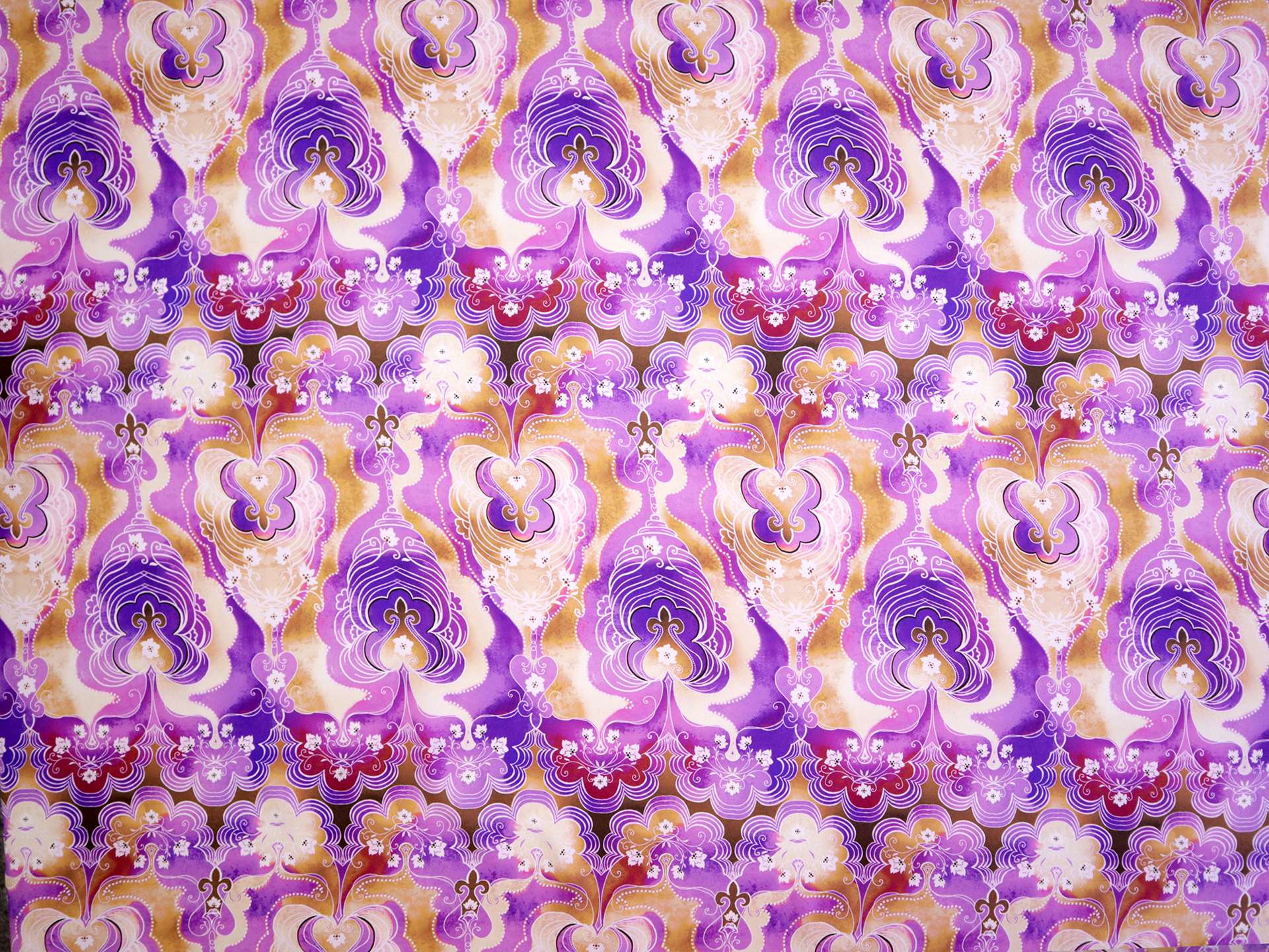 Silk Charmeuse with Psychedelic Print Paisley On White Yellow Purple Background