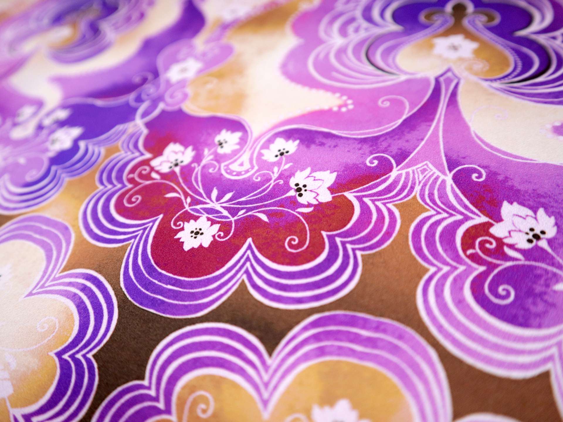 Silk Charmeuse with Psychedelic Print Paisley On White Yellow Purple Background