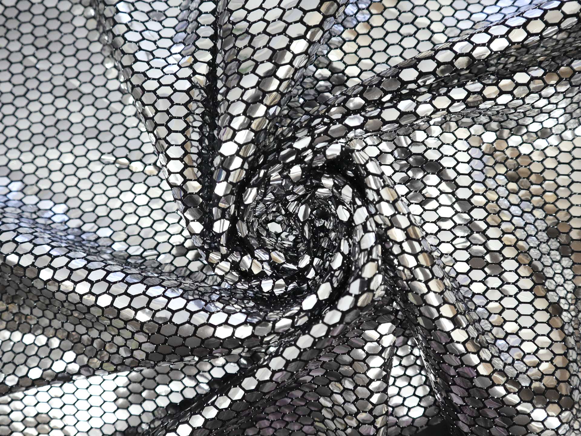 Metallic Silver Hexagons on Rayon Blend Jersey