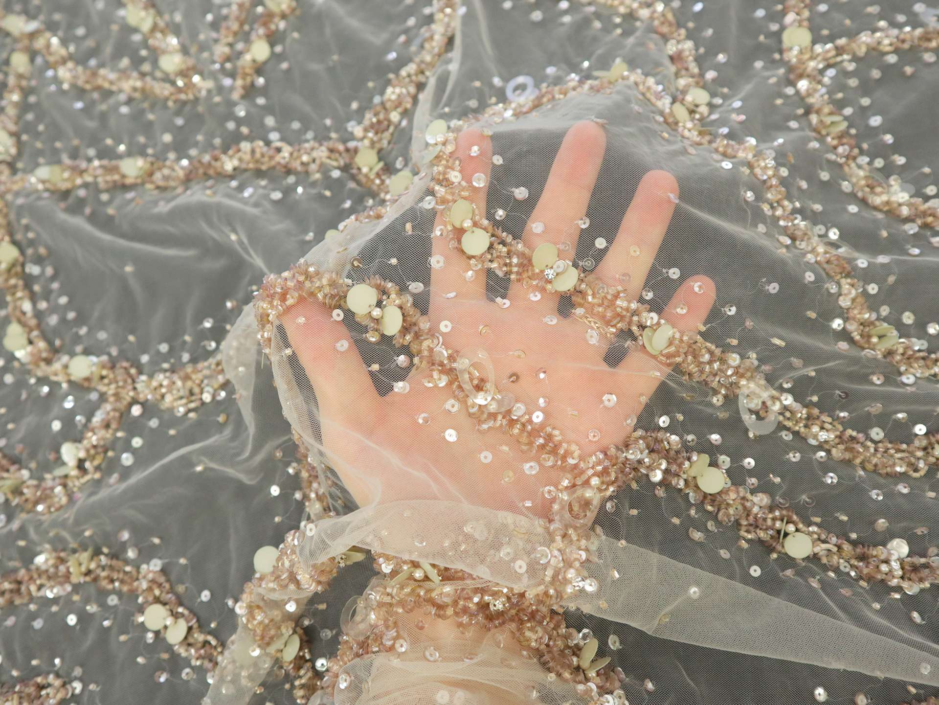 Beaded Tulle in Champagne