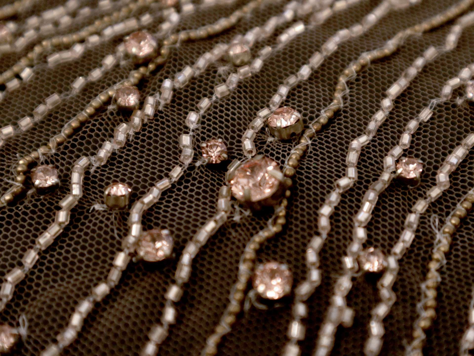 Tulle with Crystals and Bugle Beads in Taupe & Rose