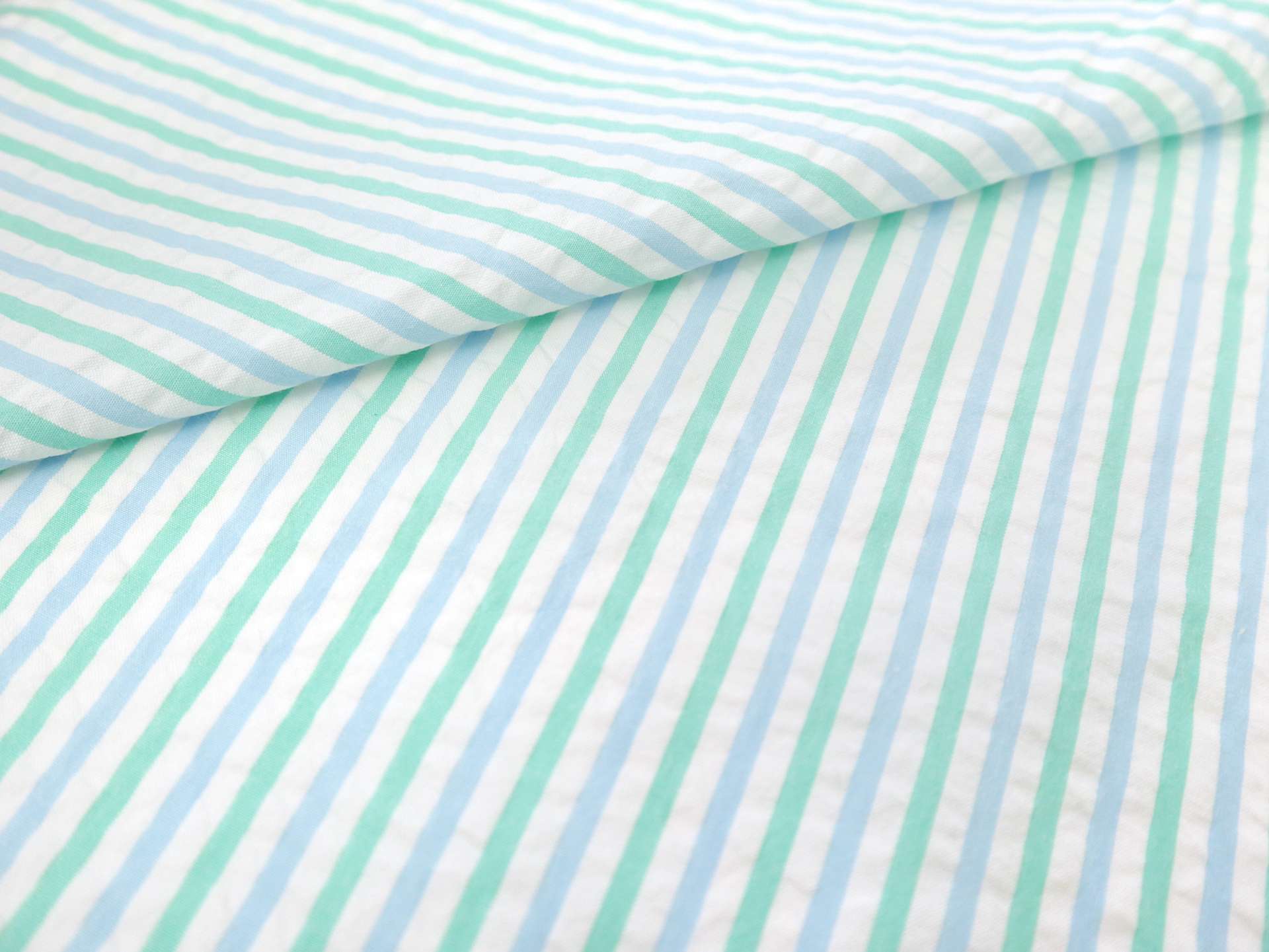 Cotton Seersucker in Blue Ivory and Mint