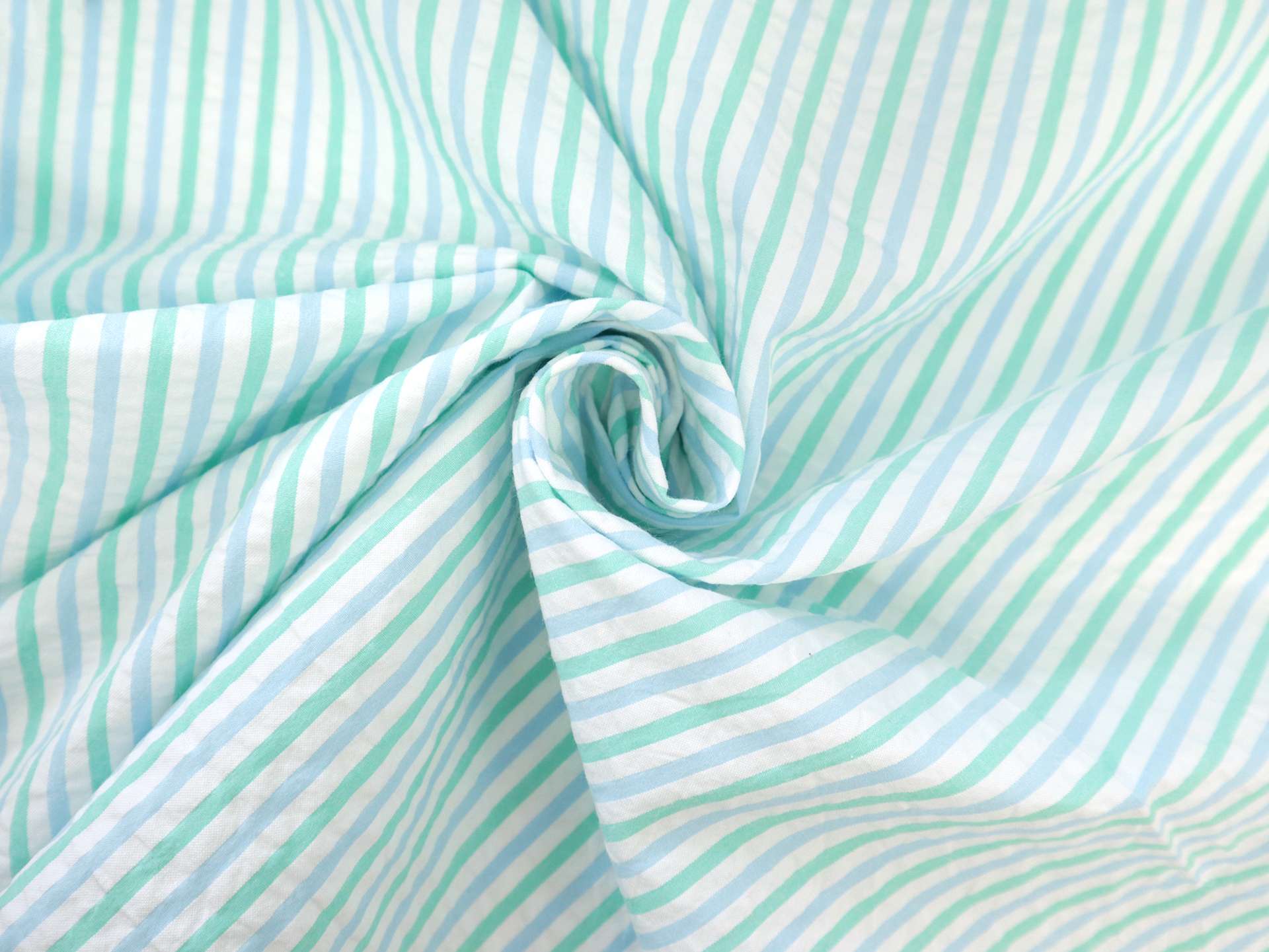 Cotton Seersucker in Blue Ivory and Mint