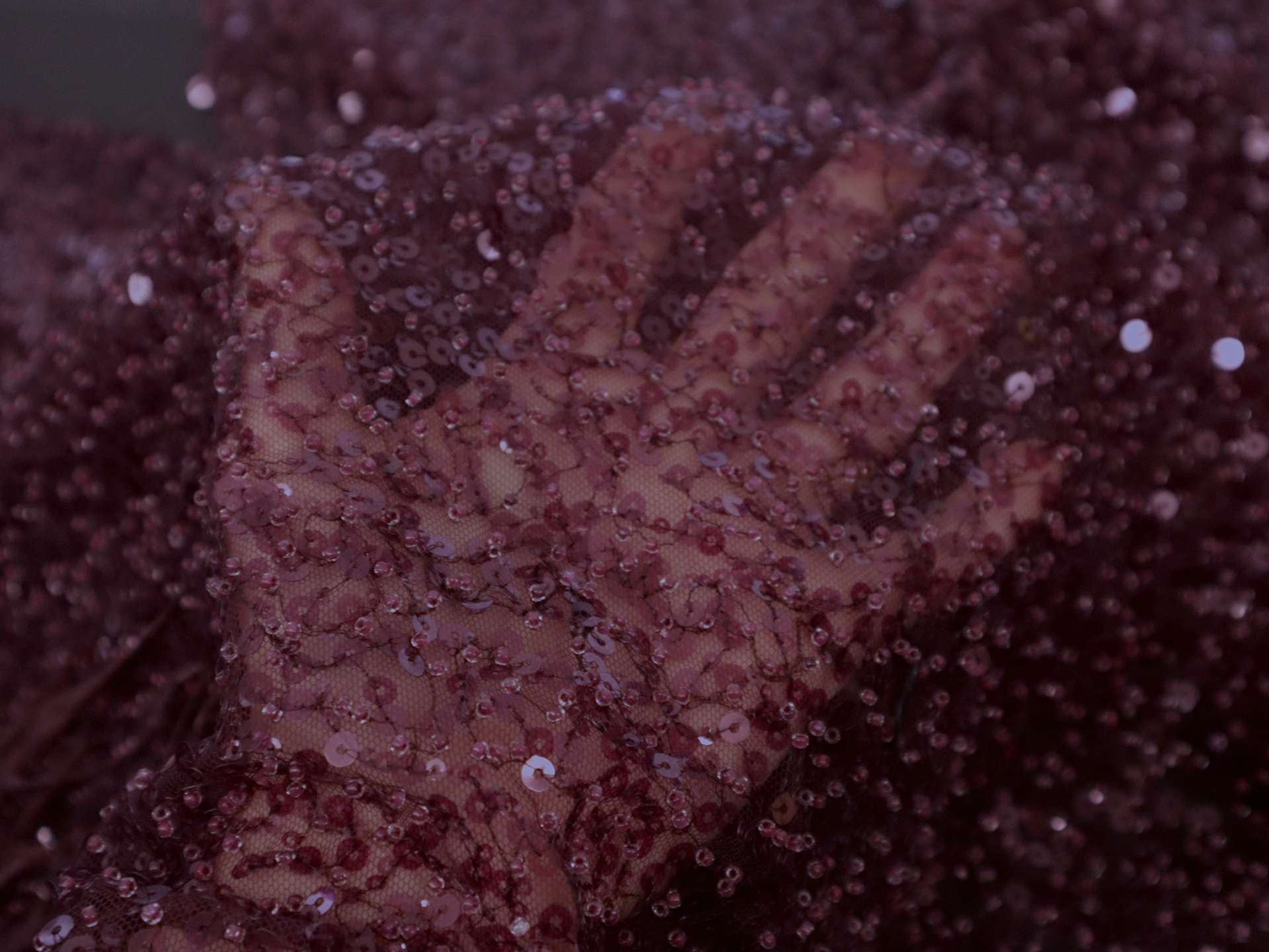 Feathers on Beaded Tulle in Plum