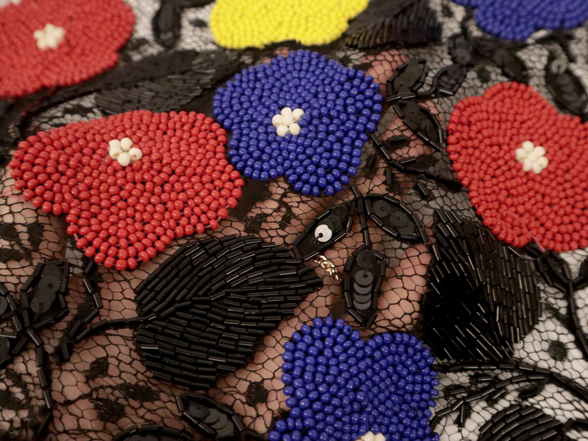 Beaded Chantilly Lace with Florals in Primary Colors