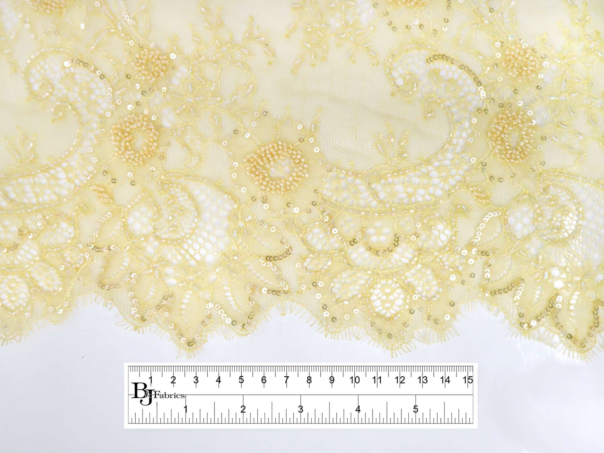 Beaded Chantilly Lace with Botanical Motif in Citron