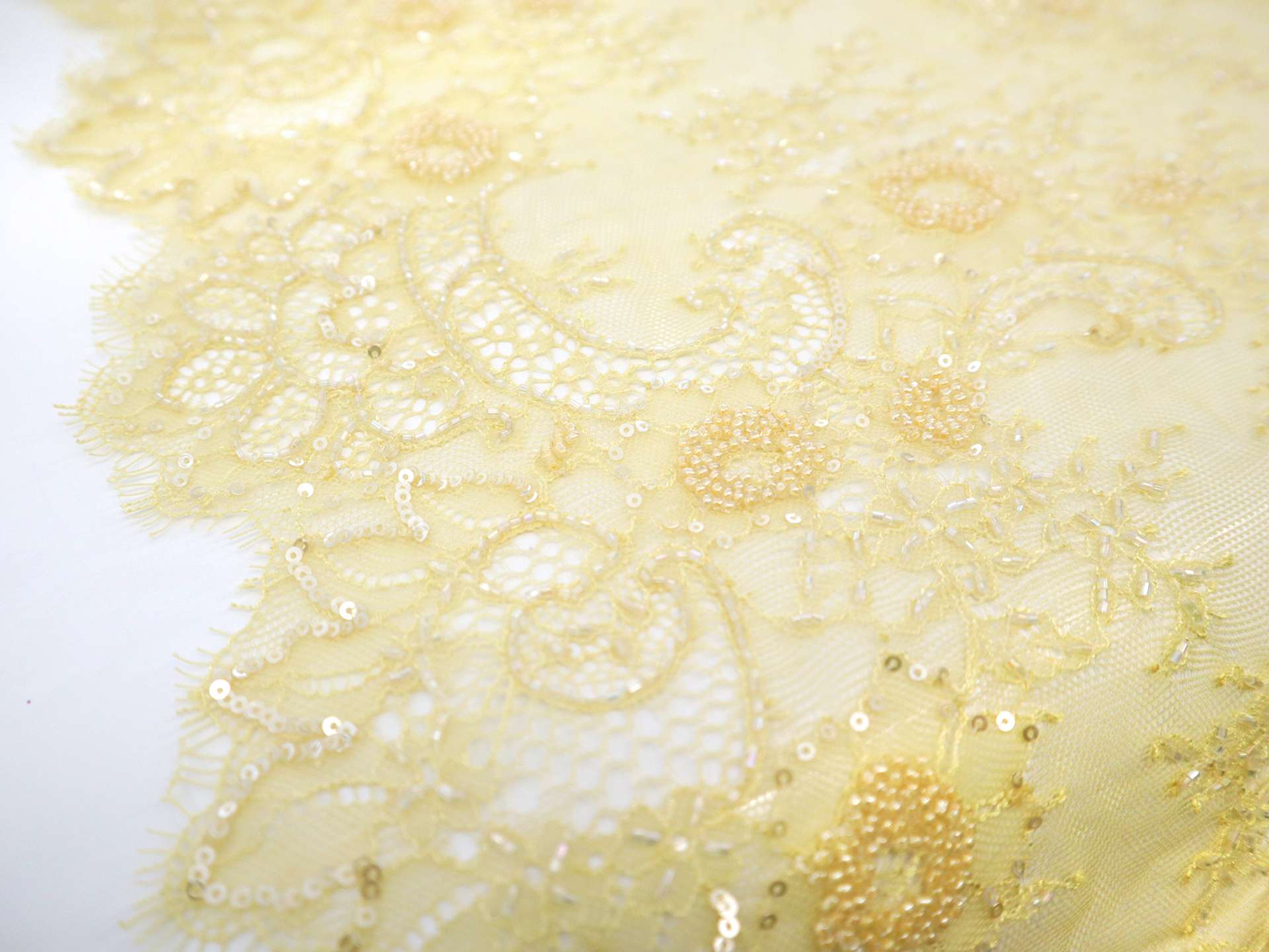 Beaded Chantilly Lace with Botanical Motif in Citron