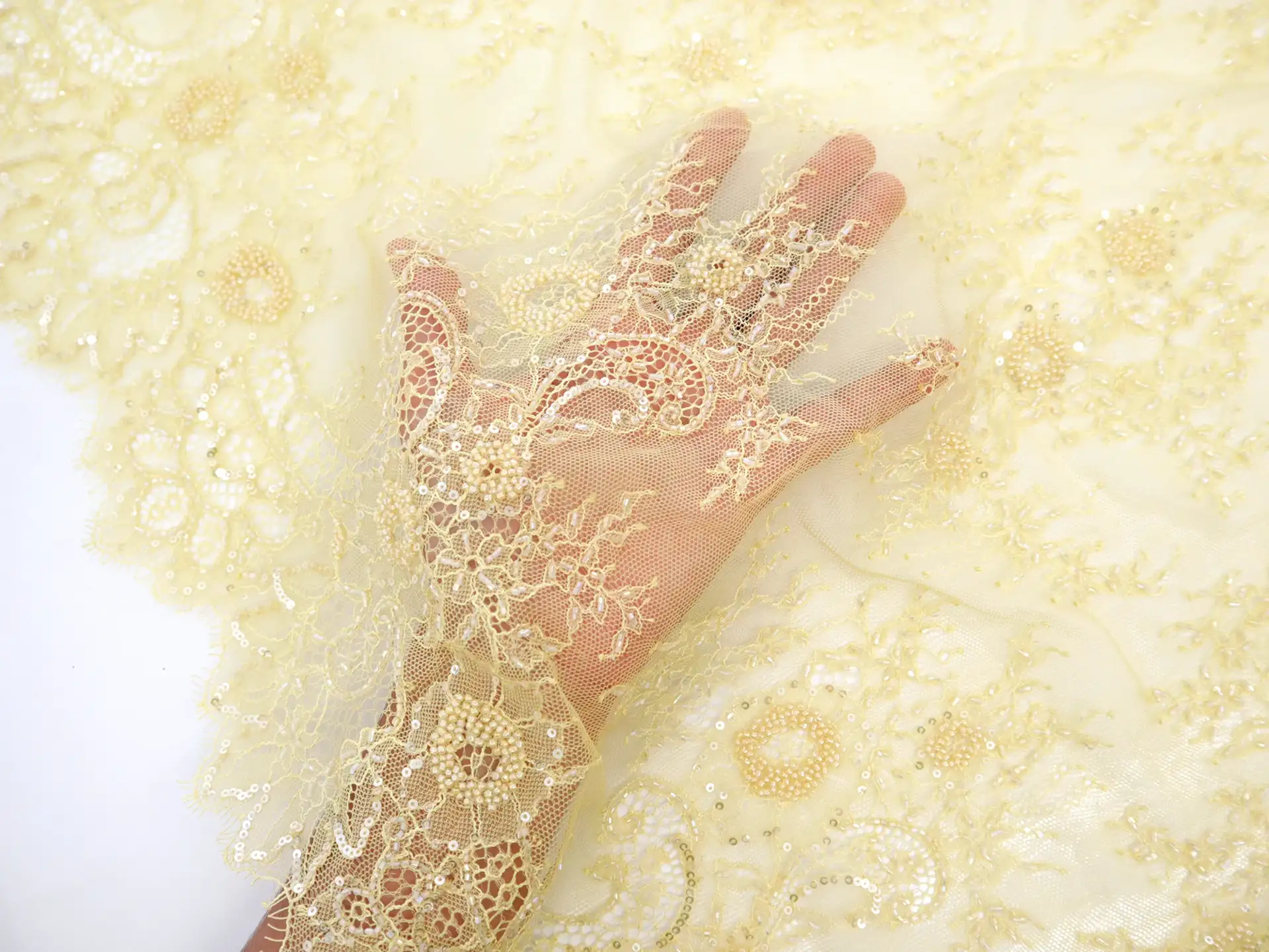 Beaded Chantilly Lace with Botanical Motif in Citron